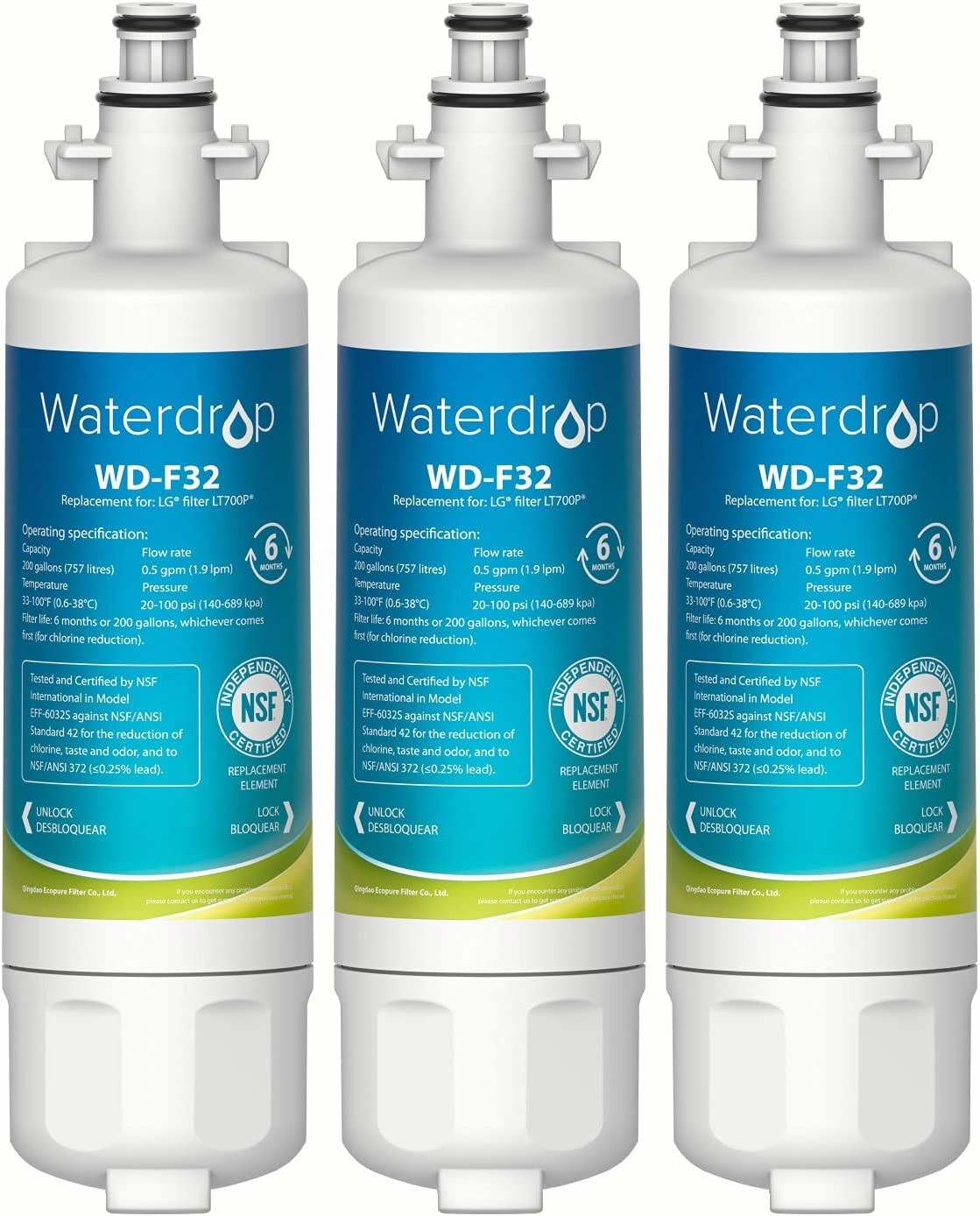 Waterdrop Refrigerator Water Filter, Replacement for LG® LT700P®, Pack of 3
