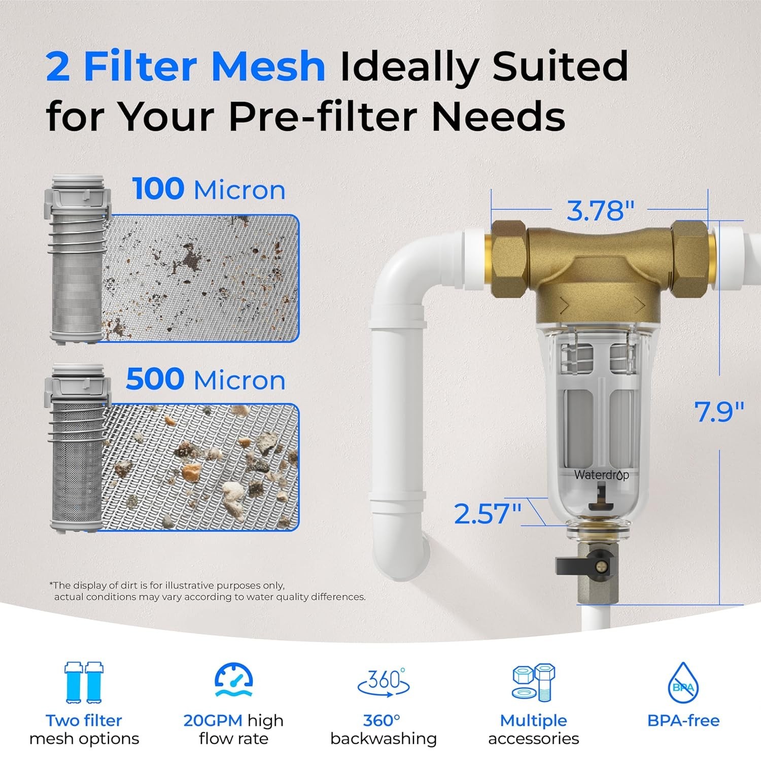 Waterdrop Spin Down Sediment Filter, 100 Micron+500 Micron, 1″ MNPT + 3/4″ FNPT