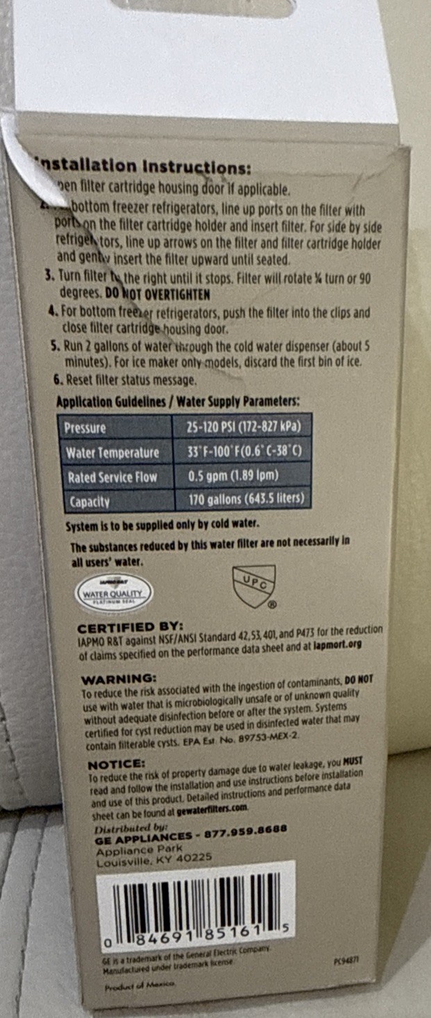 GE XWFE Refrigerator Water Filter – White