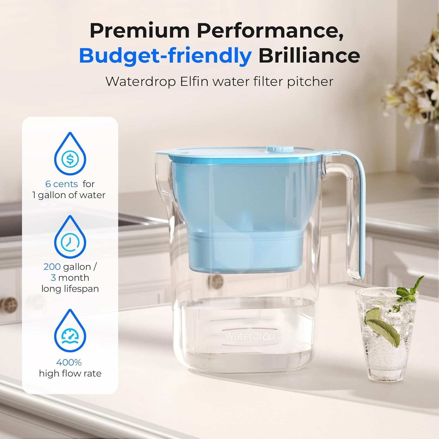Waterdrop PT-05B-L Water Filter Pitcher, 7-Cup, NSF Certified, 200-Gallon Long-L