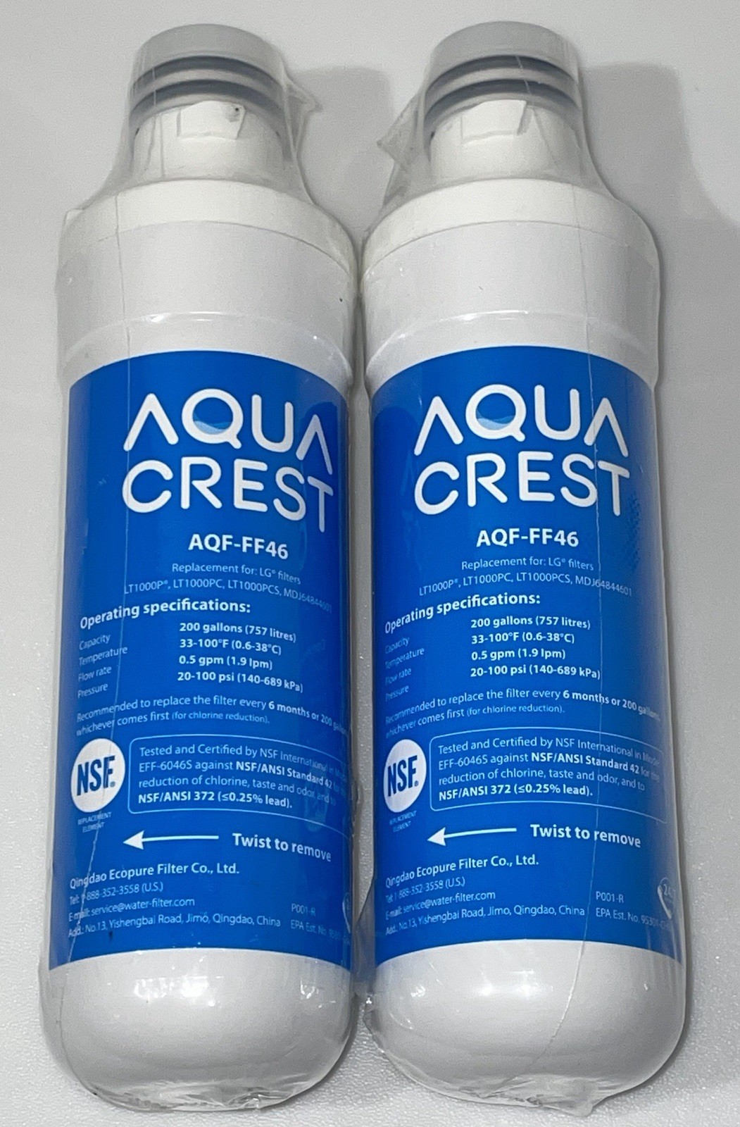 2 Aqua Crest AQF-FF46 Water Filter for LG LT1000P LT1000PC LT1000PCS MDJ64844601