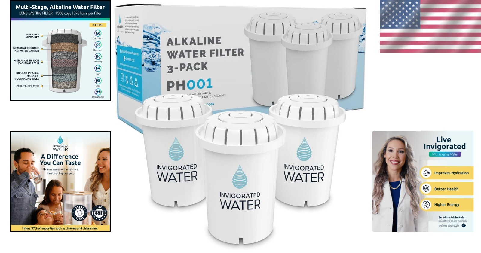 SGS Certified PH001 Water Filter 3-Pack – Alkaline, Minerals, Removes Impurities
