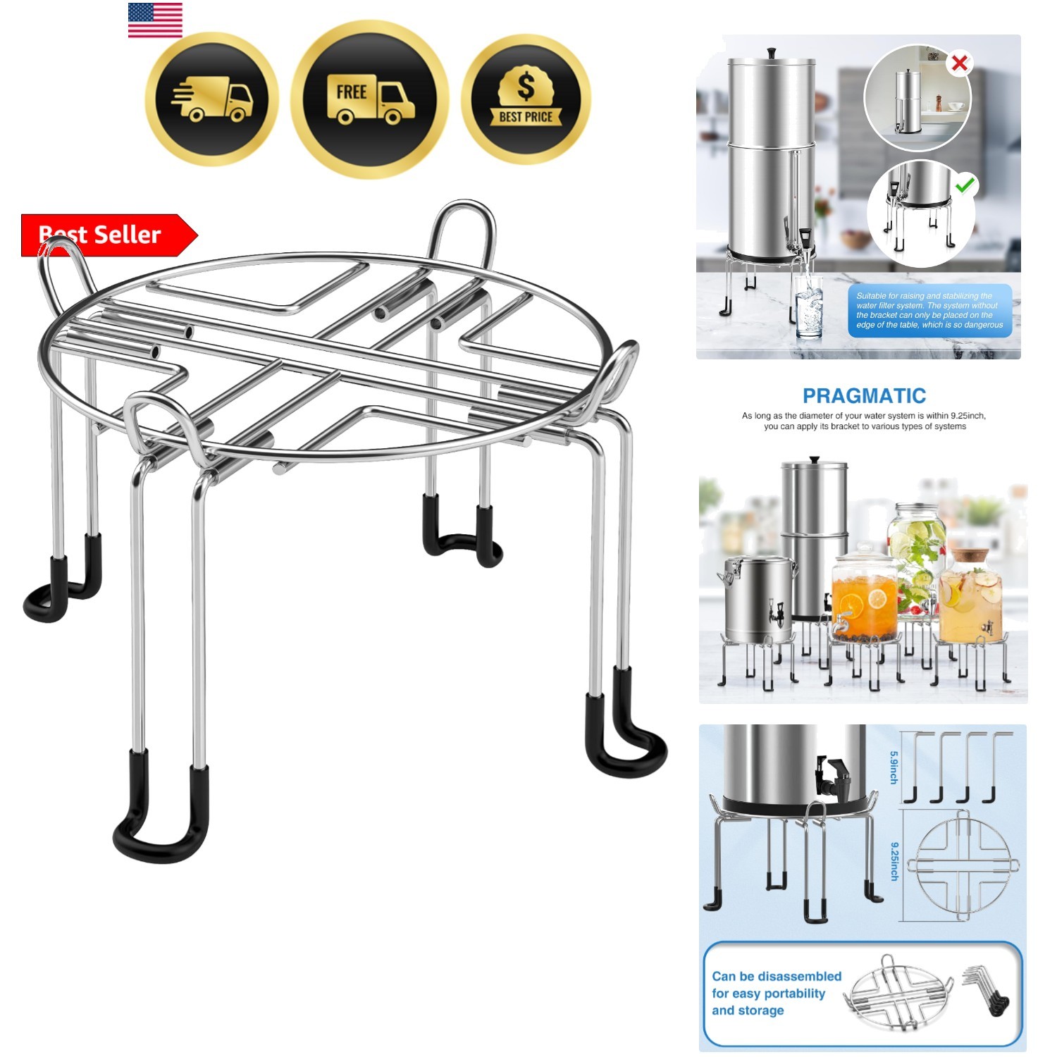 Gravity-Fed Water Filter System Stand, Detachable Stainless Steel Stand Compa…