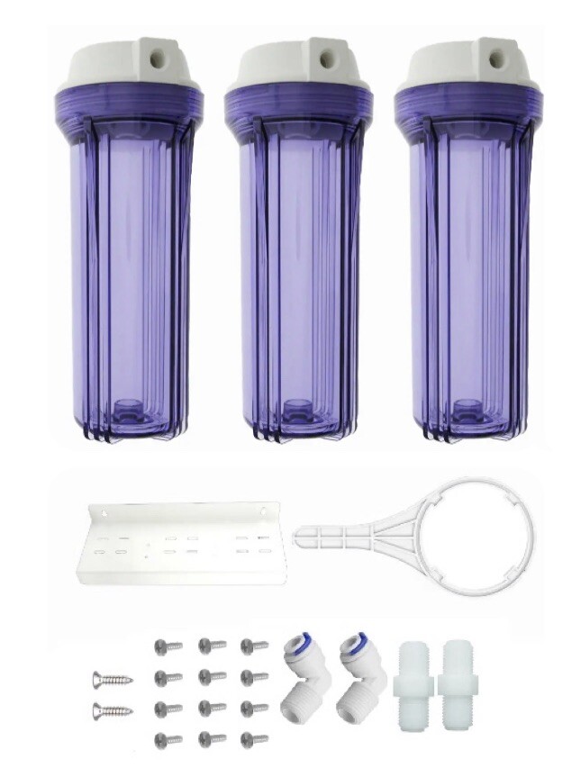 Clear Standard 10 x 2.5 Inch Water Filter Housing (1/4 FPT) x 3 w Bracket Wrench