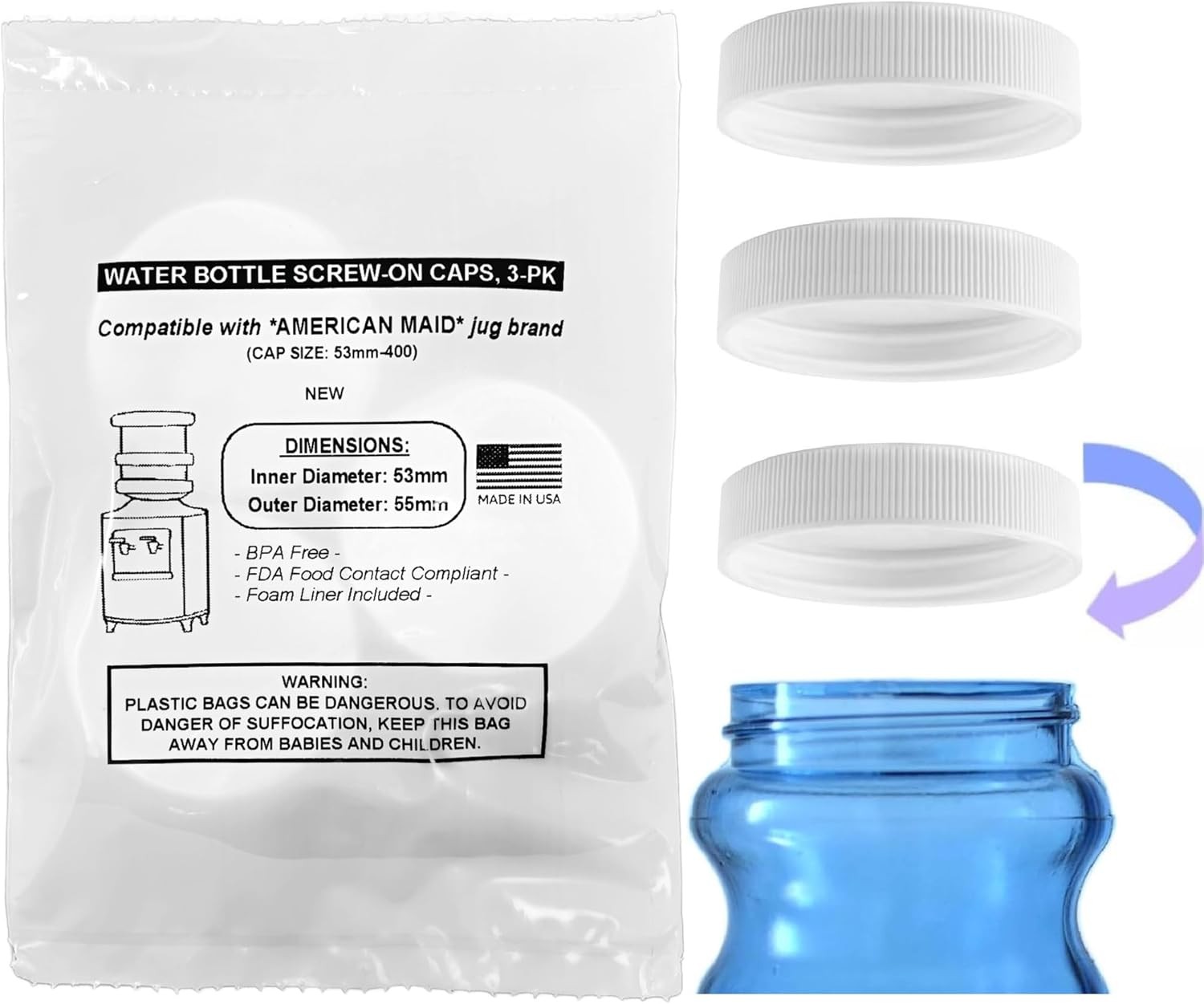 Threaded/Screw-On Caps for 3 and 5 Gallon Water Bottle Jugs (3 pk) White