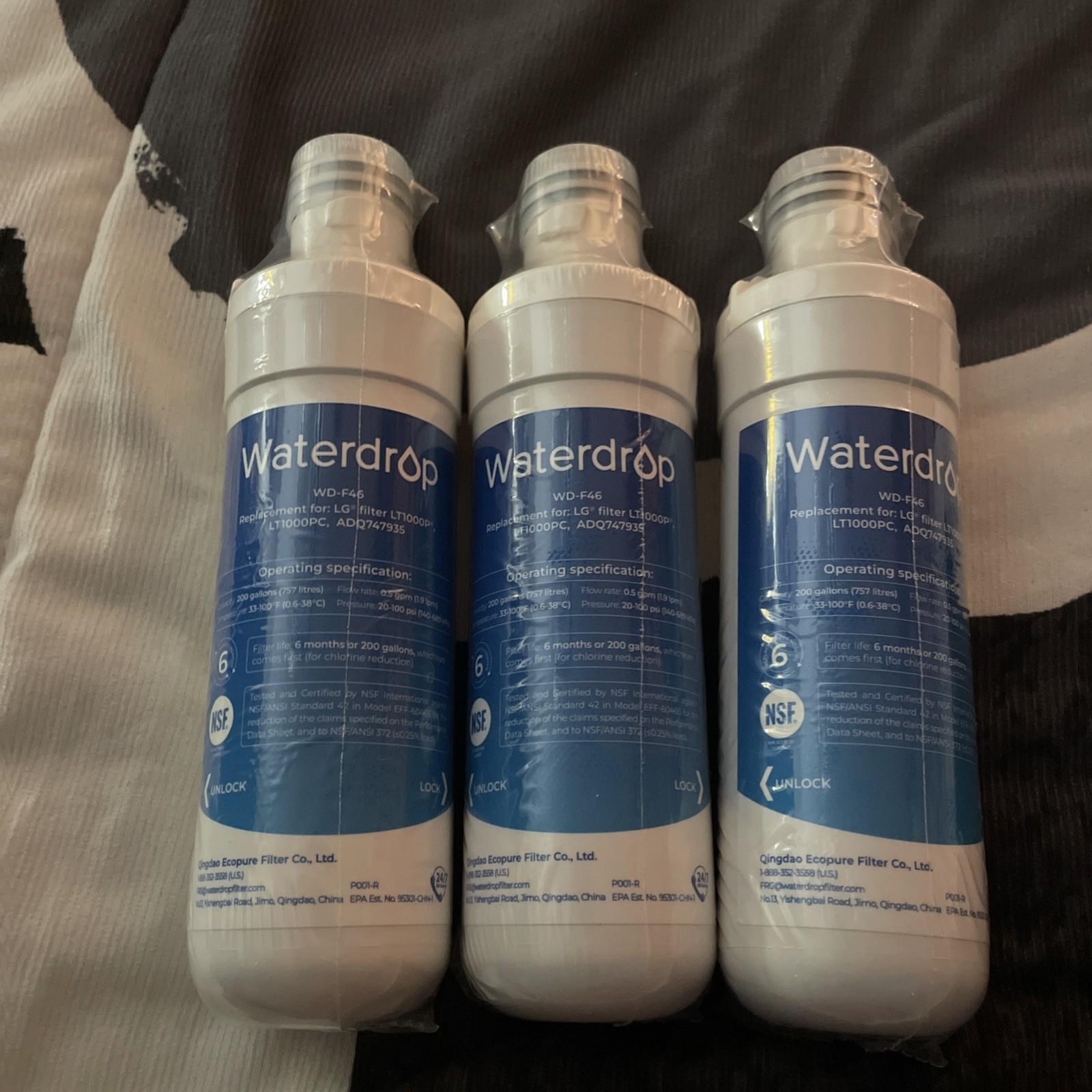 Waterdrop WD-F46 Refrigerator Water Filter 3 Pack for LG LT1000P LT1000PC ADQ747