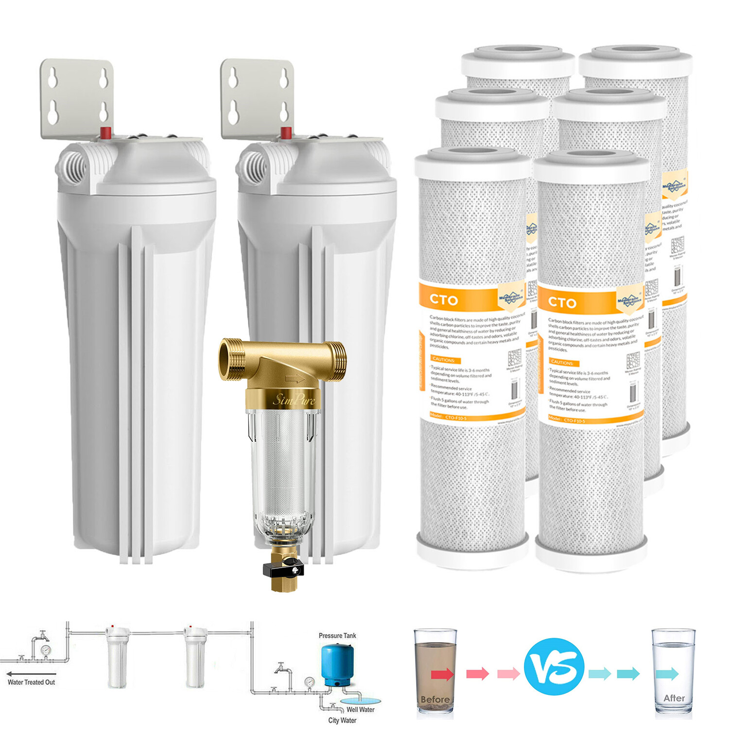 10 Inch Whole House Water Filter Housing Filtration System CTO Carbon Cartridge