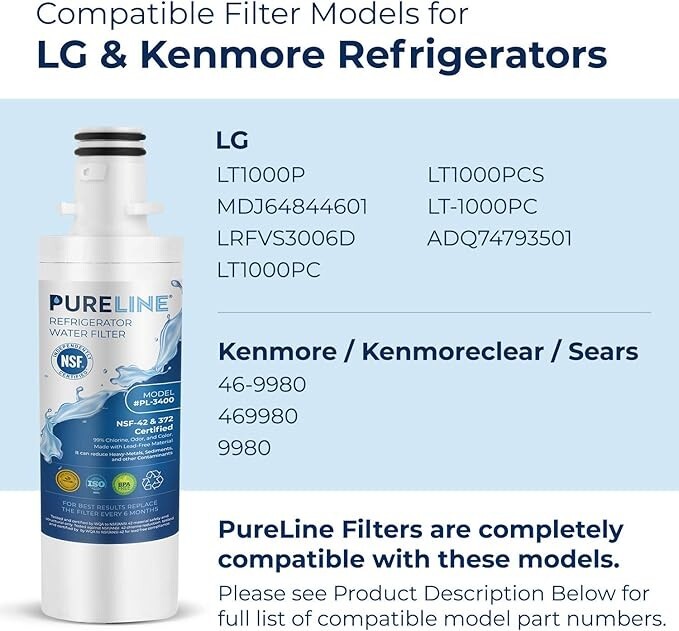 3 PACK *NEW* Pureline PL-3400 Refrigerator Water Filter For LG Kenmore LG LT100P