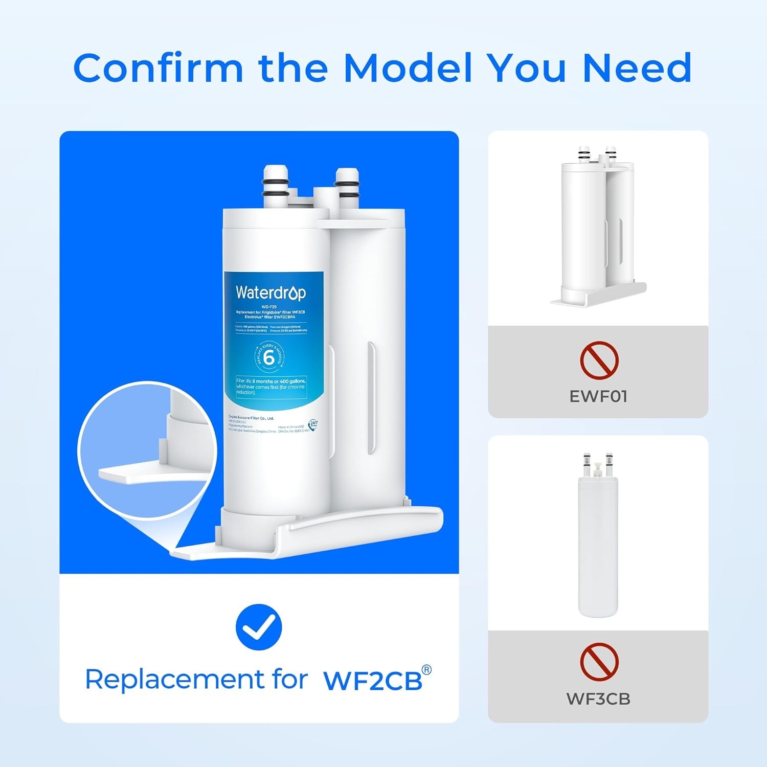 Waterdrop Refrigerator Water Filter, Replacement for WF2CB, PureSource2, 1 Pack