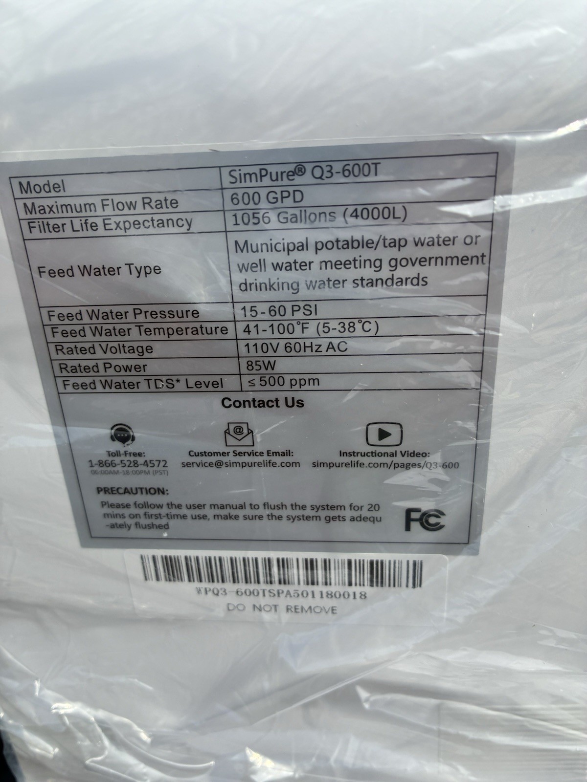 New. SimPure Q3-600T 600GPD 8-Stage Tankless RO System