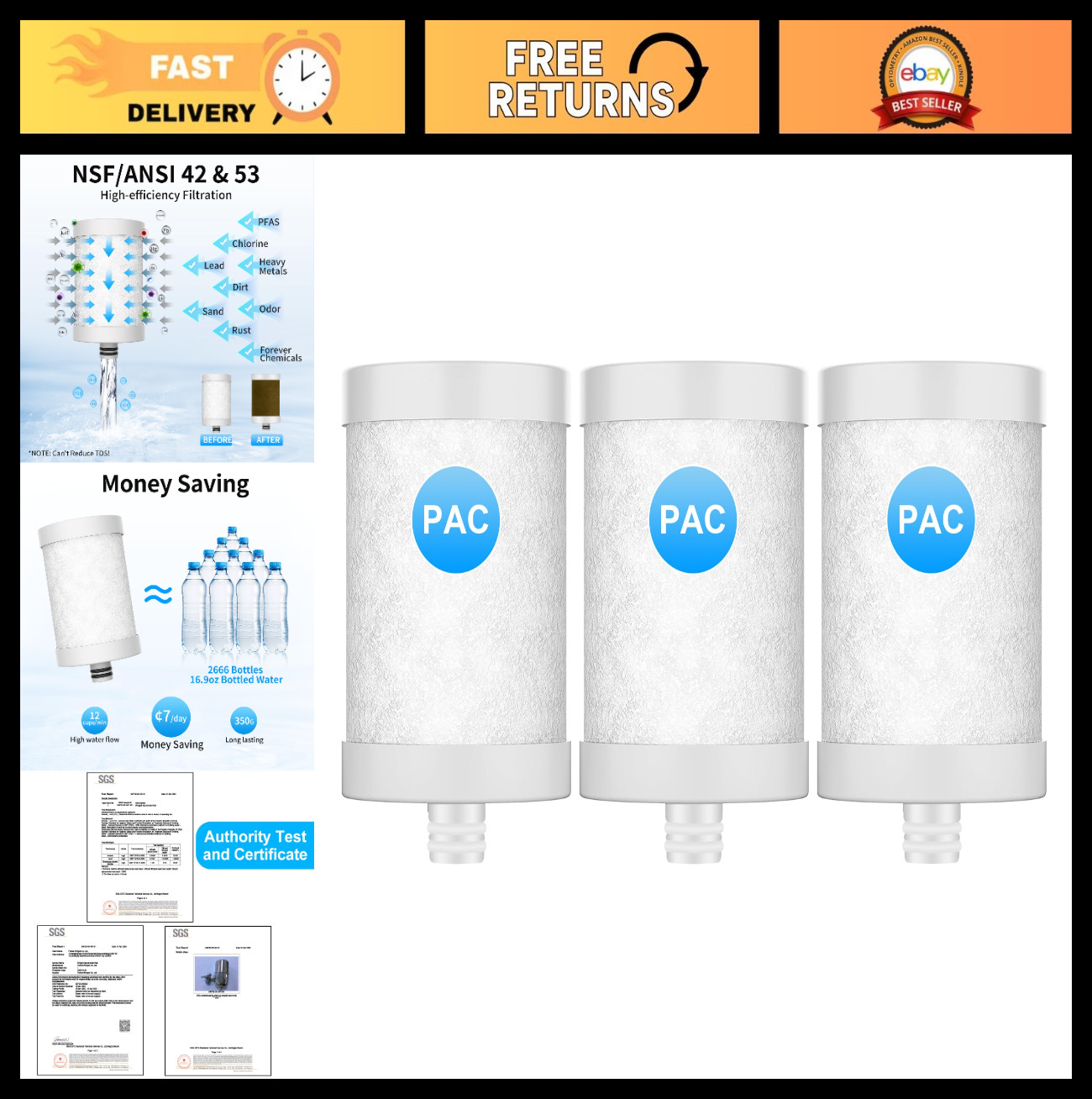 Replacement Faucet Filter Cartridge, 3 Pack, Carbon Fiber, Compatible with WS-FM