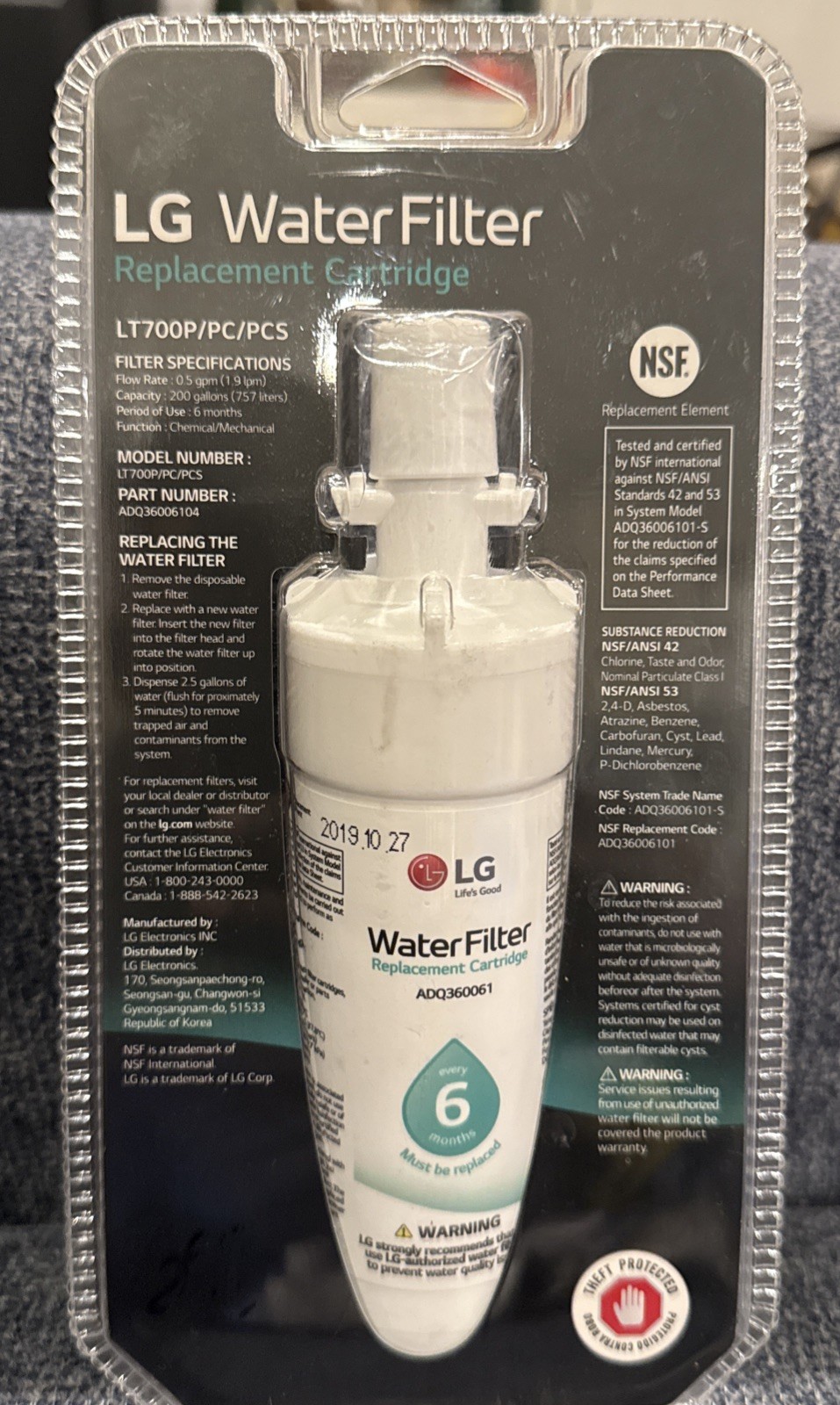 New Sealed LG Genuine Water Filter Replacement Cartridge LT700P/PC/PCS NSF