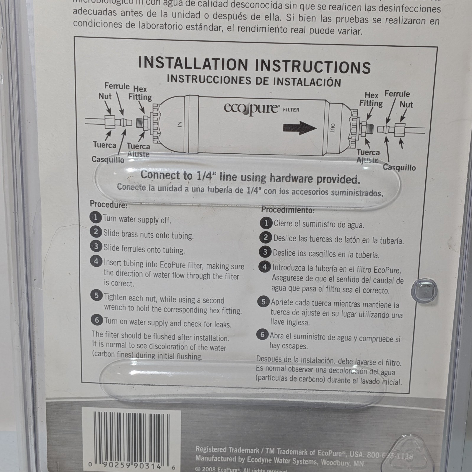 Ecopure EPINL30 In-Line Refrigerator Ice Maker 5-Year Water Filter 10033 Sealed