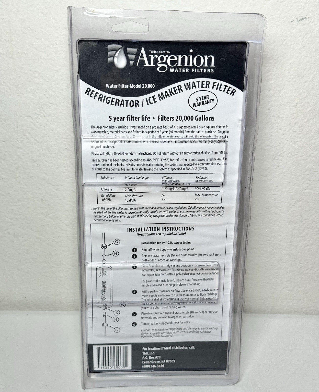 Argenion 20,000 Gallon Refrigerator In-line Water Filter 5 Yr. NEW SEALED