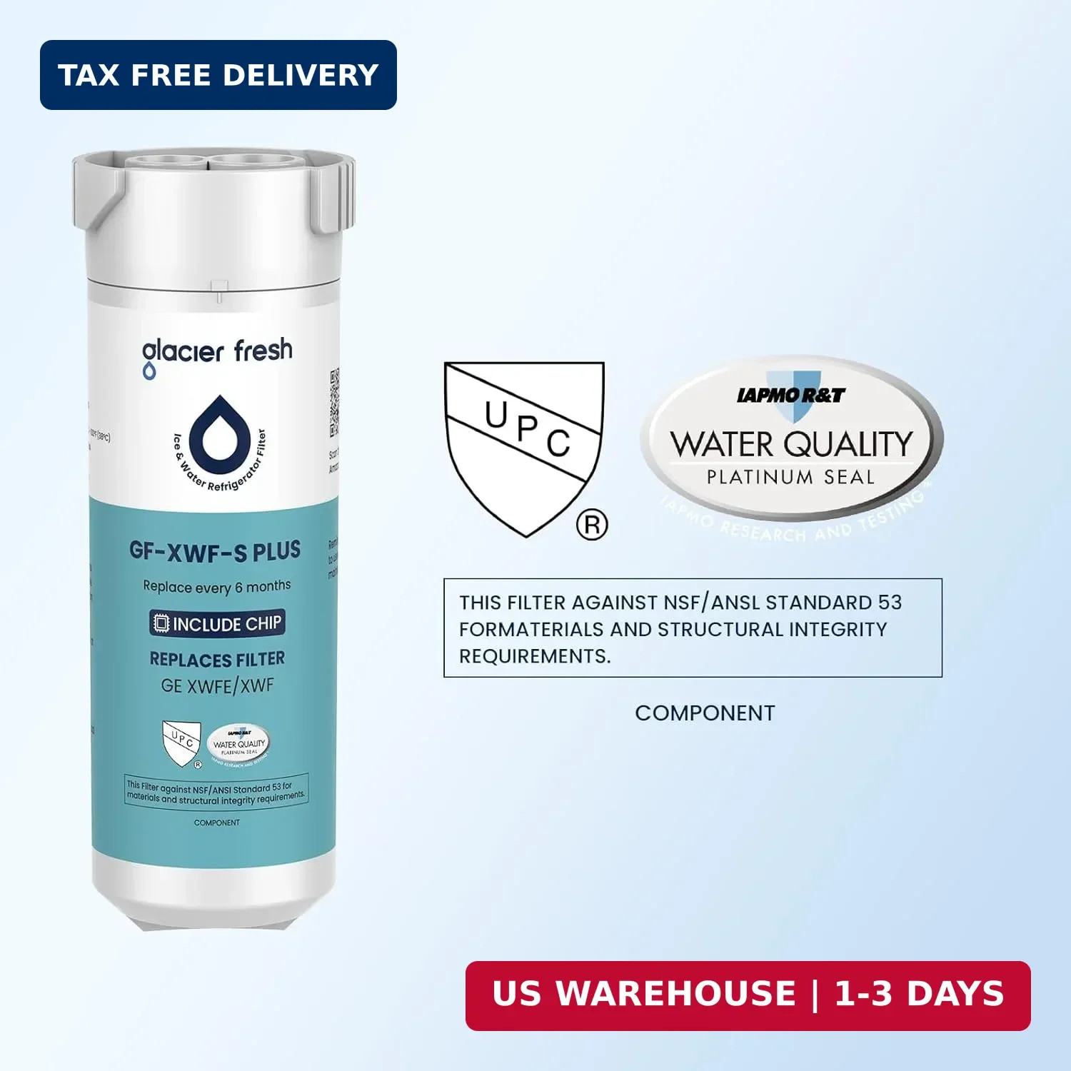 GLACIER FRESH Water Filter Compatible with XWFE (Built-in CHIP), Replacement for