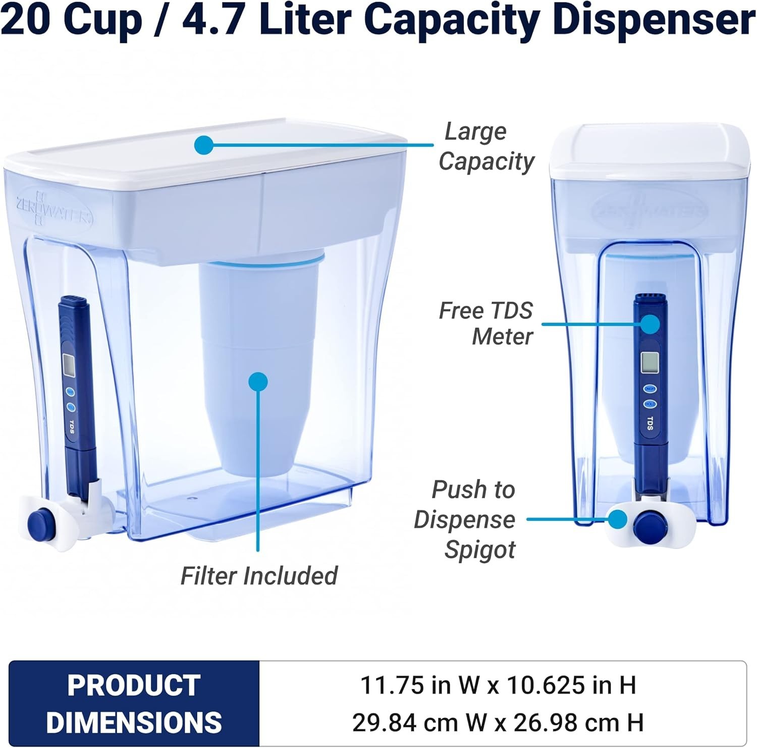 Space-Saving 20-Cup Water Filter Pitcher with Built-in TDS Meter for Pure Water