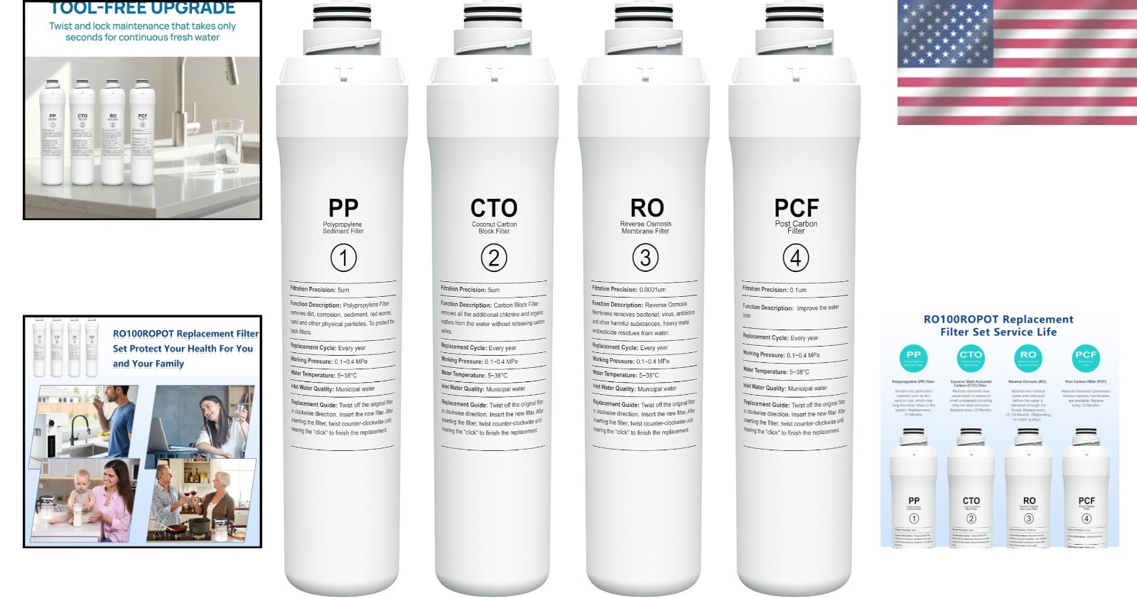 Tool-Free 4-Pack Water Filter Replacement for RO100ROPOT System – Easy Install