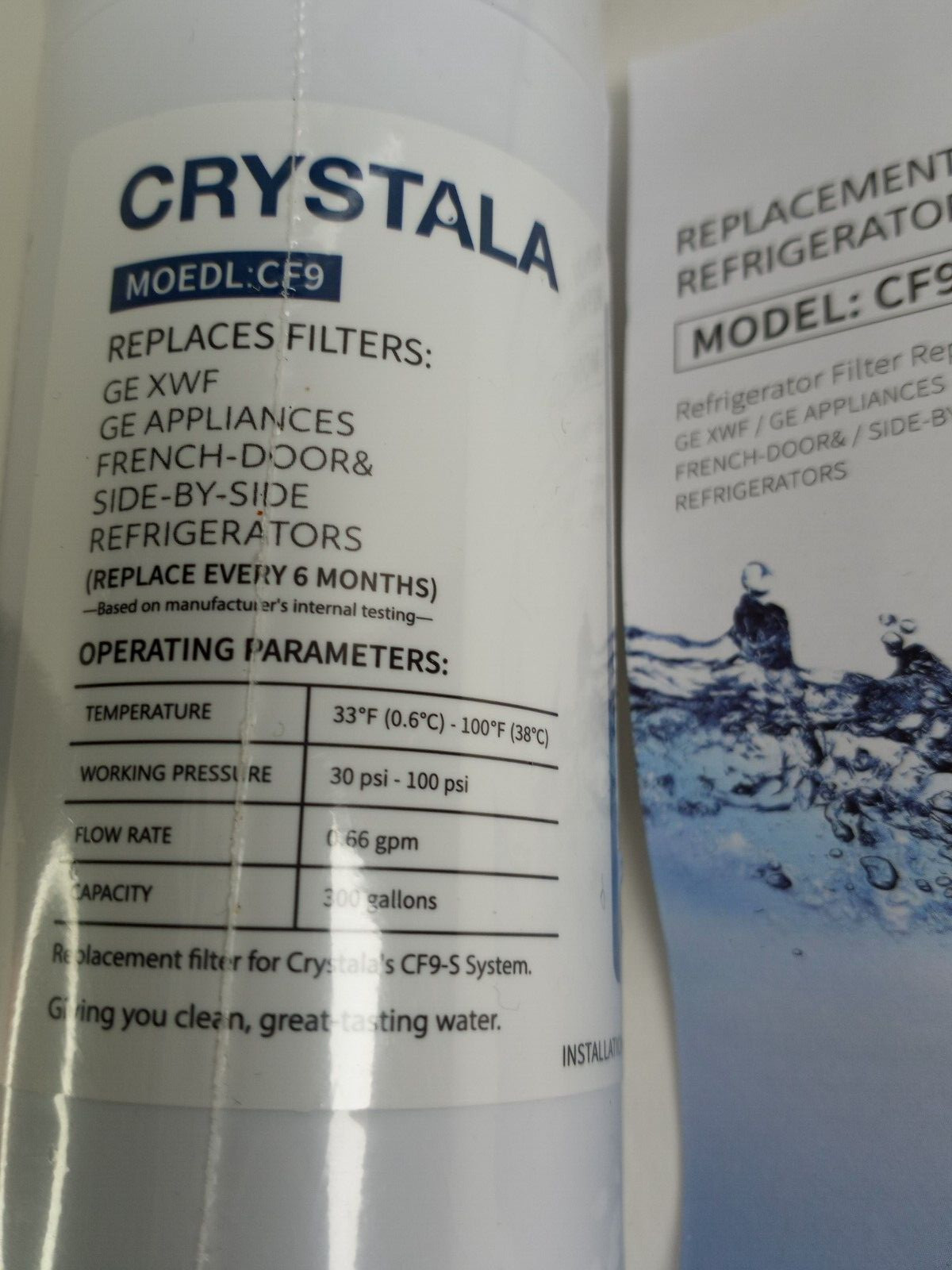 2 Crystala Replacement Refrigerator Water Filter for CF9 GE XWF Side by Side NEW
