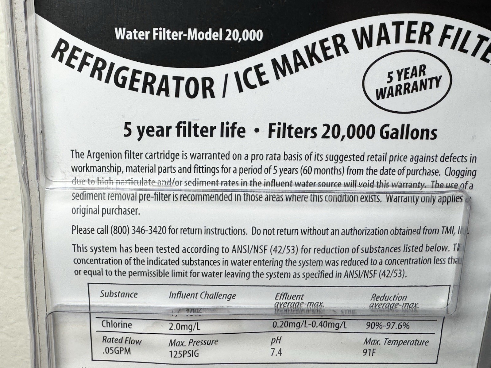 Argenion 20,000 Gallon Refrigerator In-line Water Filter 5 Yr. NEW SEALED