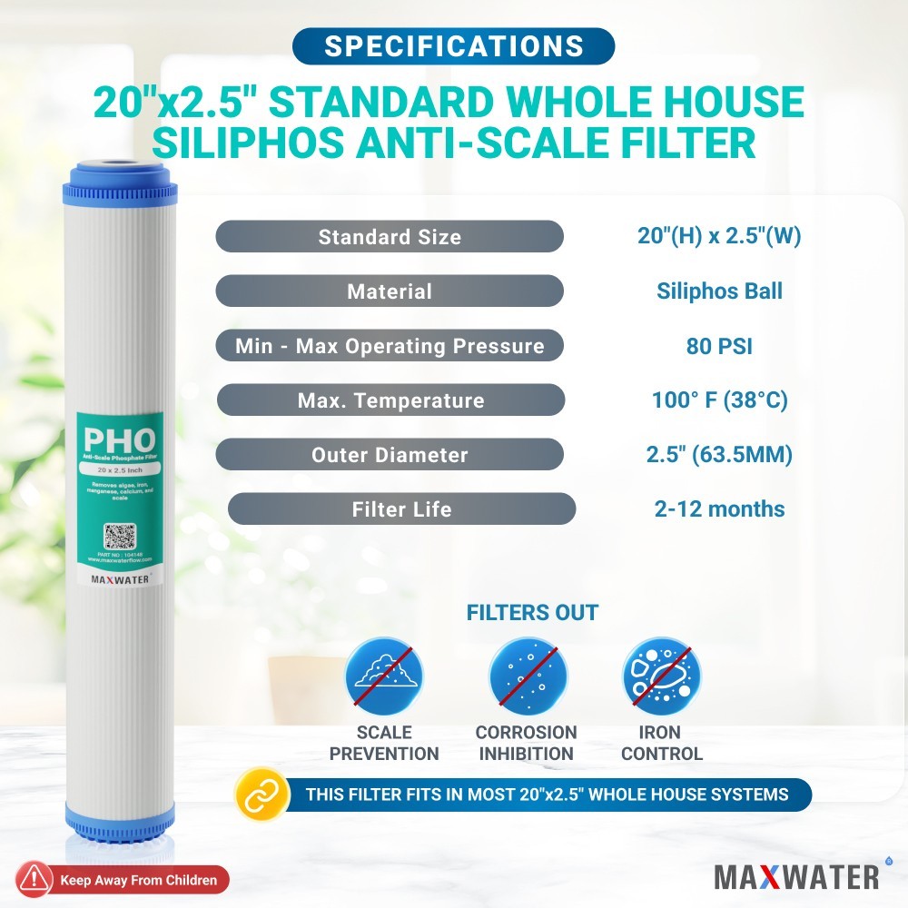 Max Water Whole House 20″ Slim Blue Anti-Scale Phosphate Filter