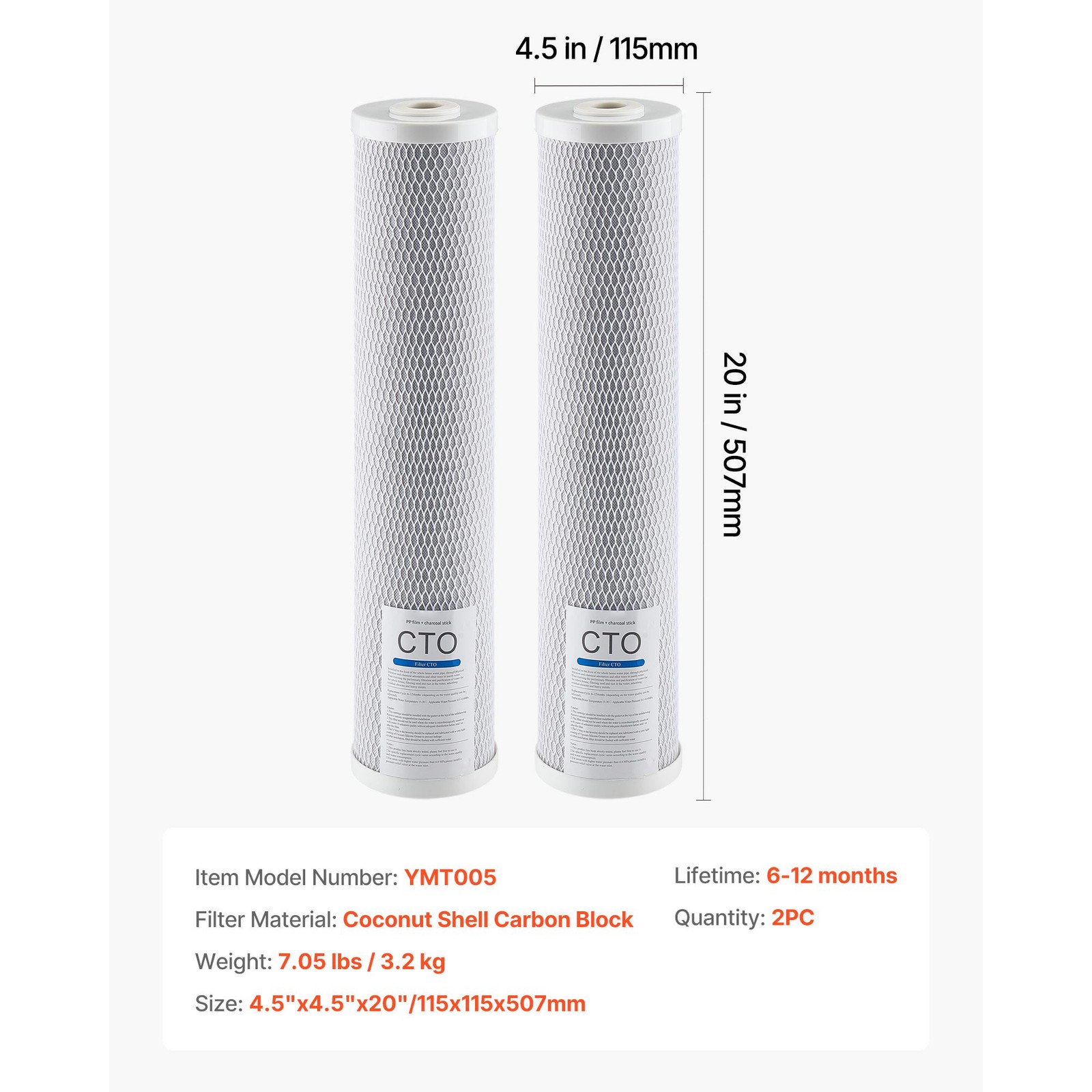 Whole House Water Filter Replacement Cartridge 4.5″x20″ CTO Carbon 2 Pack