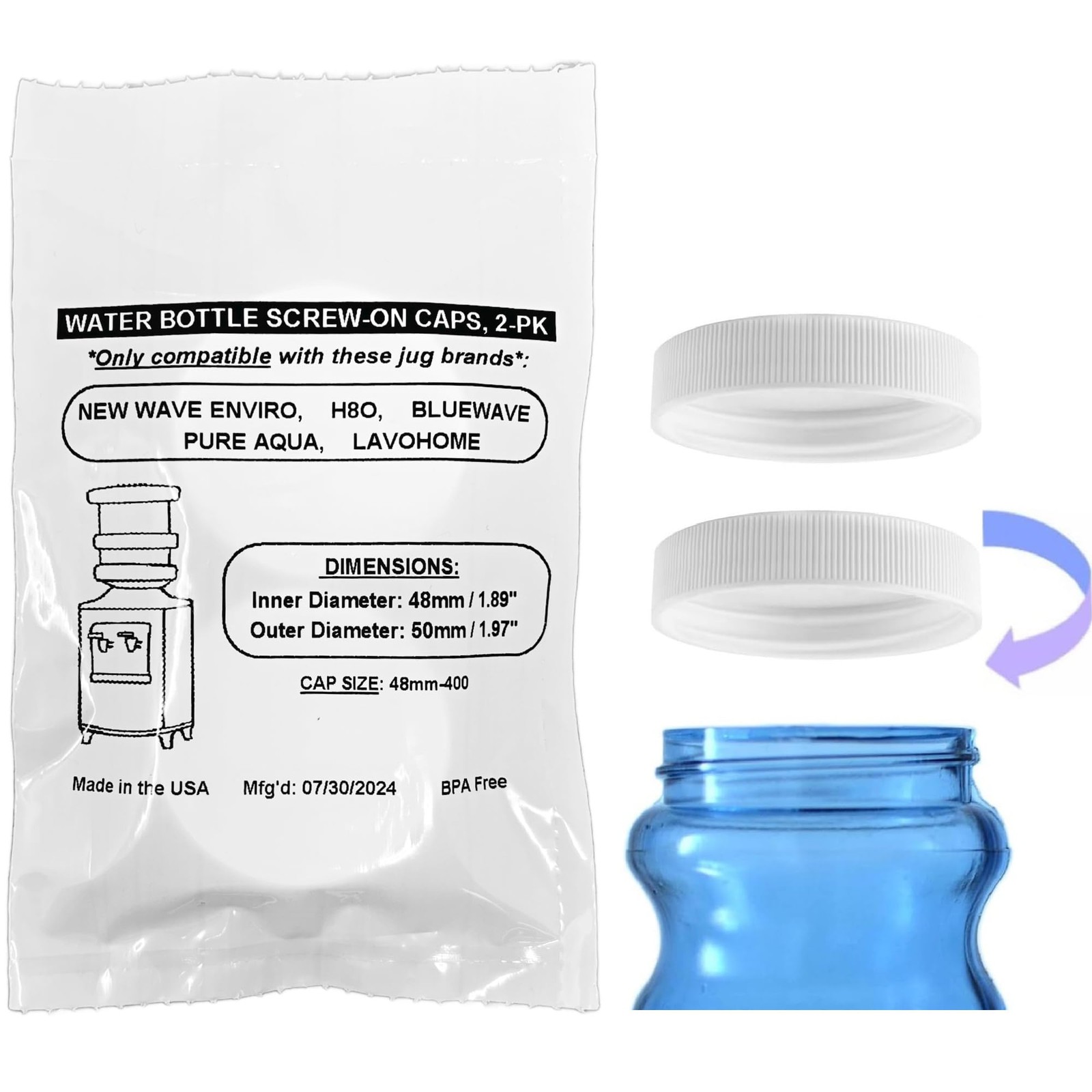 Screw-On Caps Compatible with 1-5 Gallon Bluewave, New Wave 48mm, White