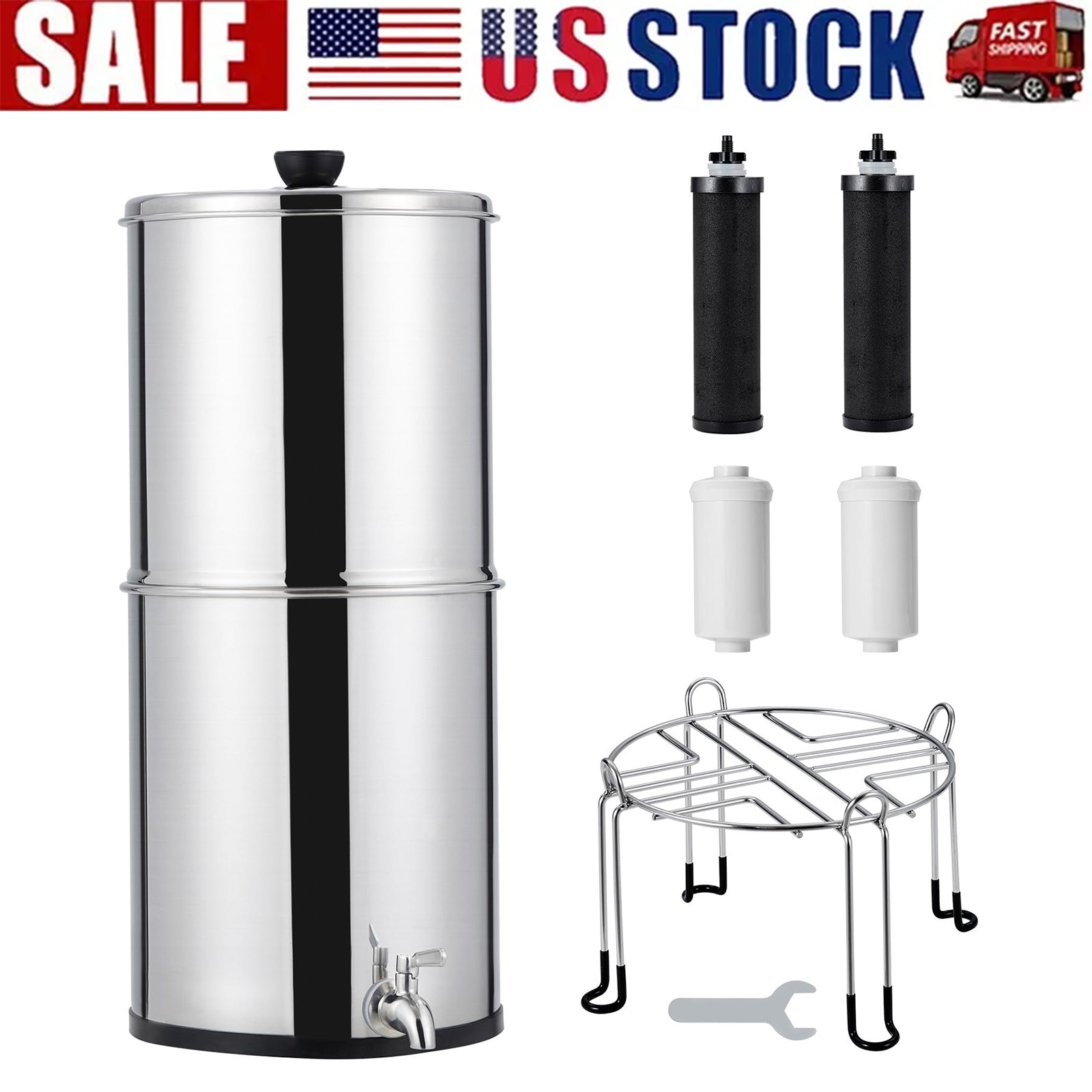 ✨304 Stainless Steel Gravity Water Filter System with 2 Black Carbon Filters