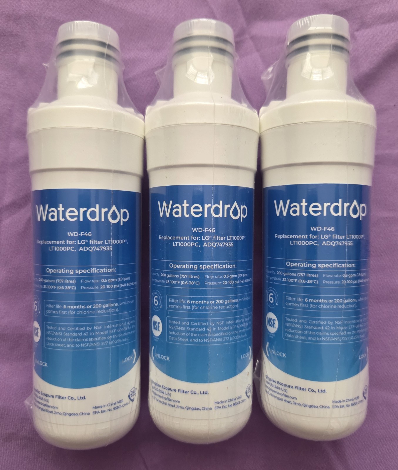 3 pk Waterdrop Water Filters WD-F46 Replacement For LG LT1000P/PC ADQ747935