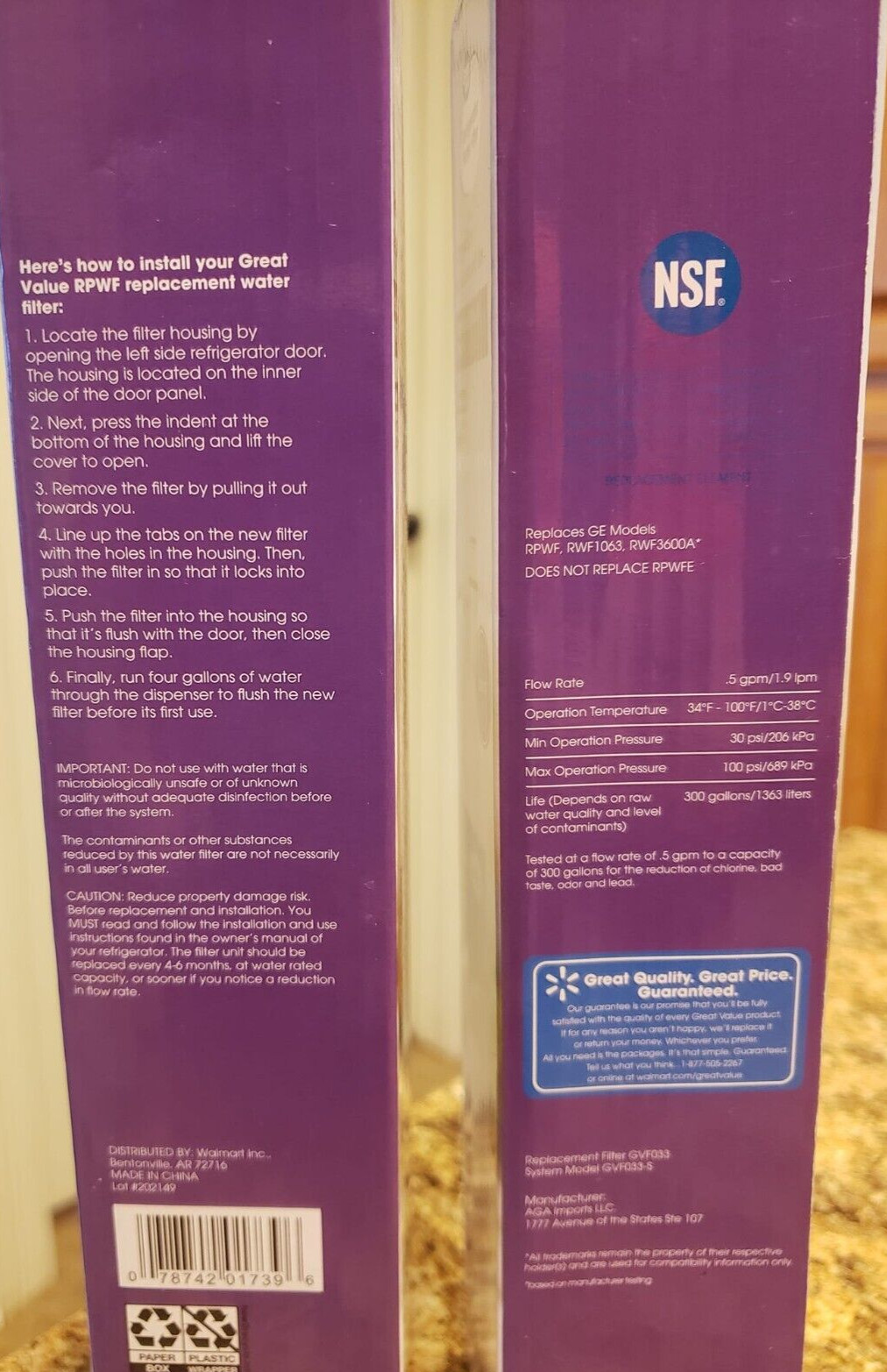 Great Value Refrigerator Water Filter LOT (2) for GE Model RPWF 6months 300 gal
