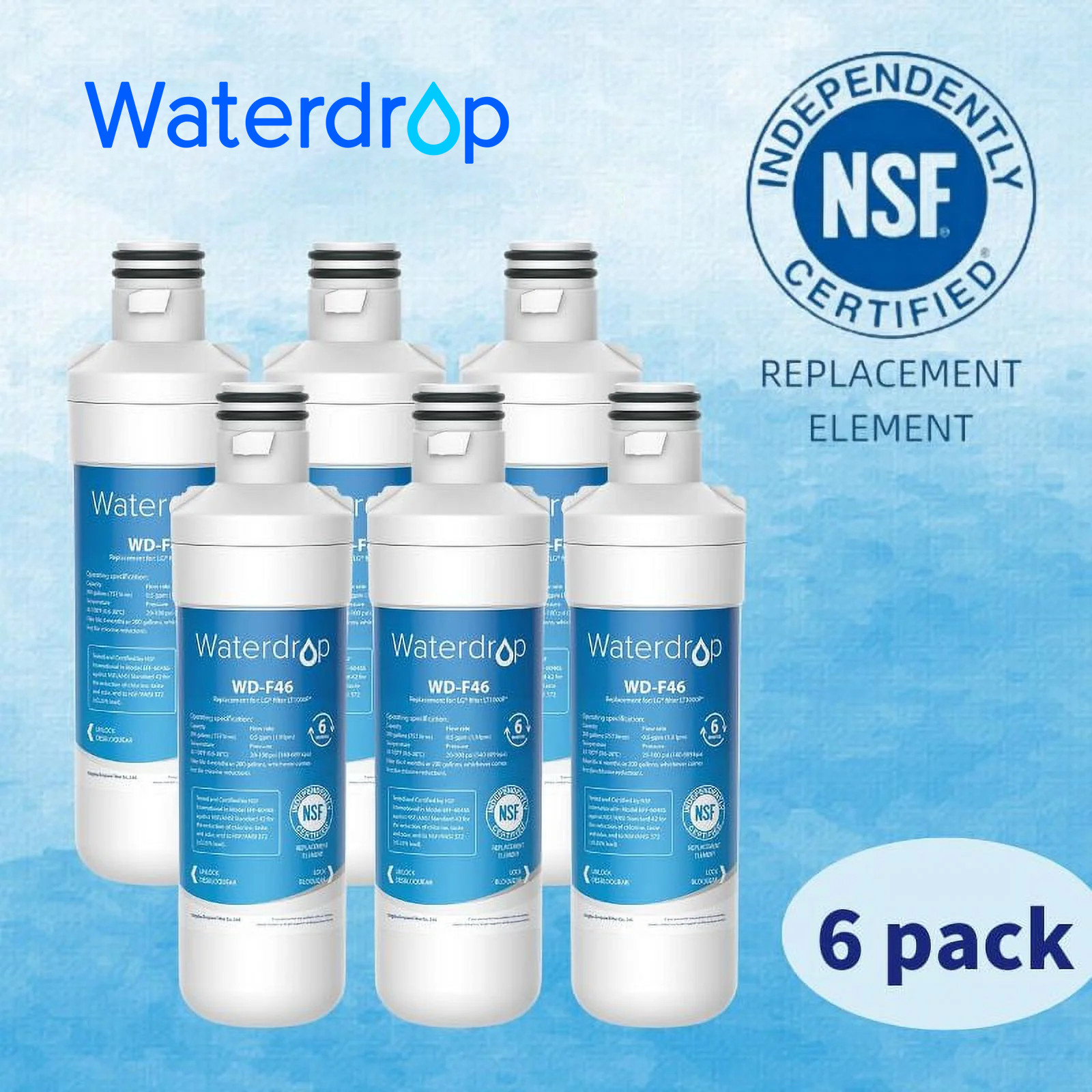 Waterdrop Refrigerator Water Filter, Replacement for LG® LT1000P®, Pack of 6