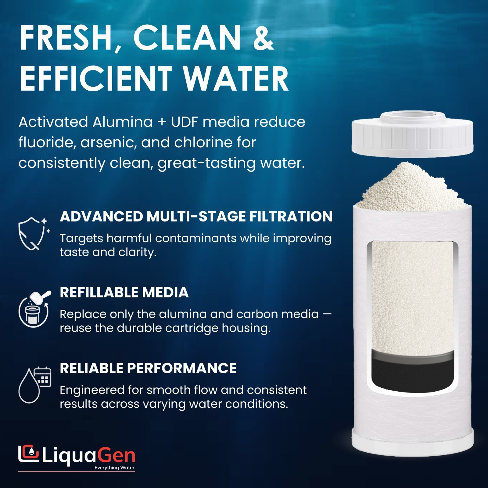 LiquaGen 4.5″x10″ Activated Alumina + UDF/GAC Filter – Fluoride & Arsenic