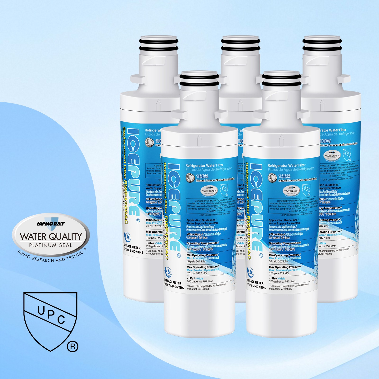ICEPURE ADQ747935 Water Filter Replacement for LG ® LT1000P®, RWF4700AC, 5PACK