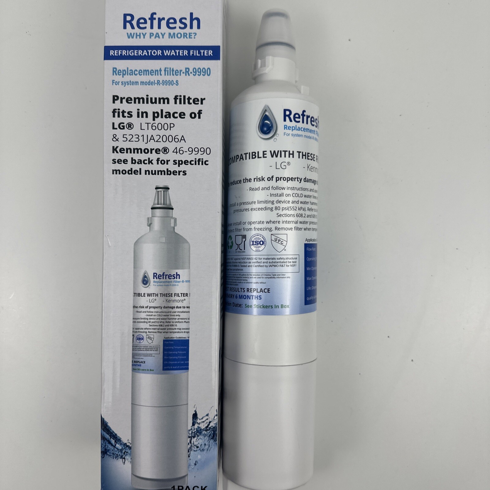 Refresh Replacement Filter R-9990 LG/Kenmore Refrigerators New In Open Box