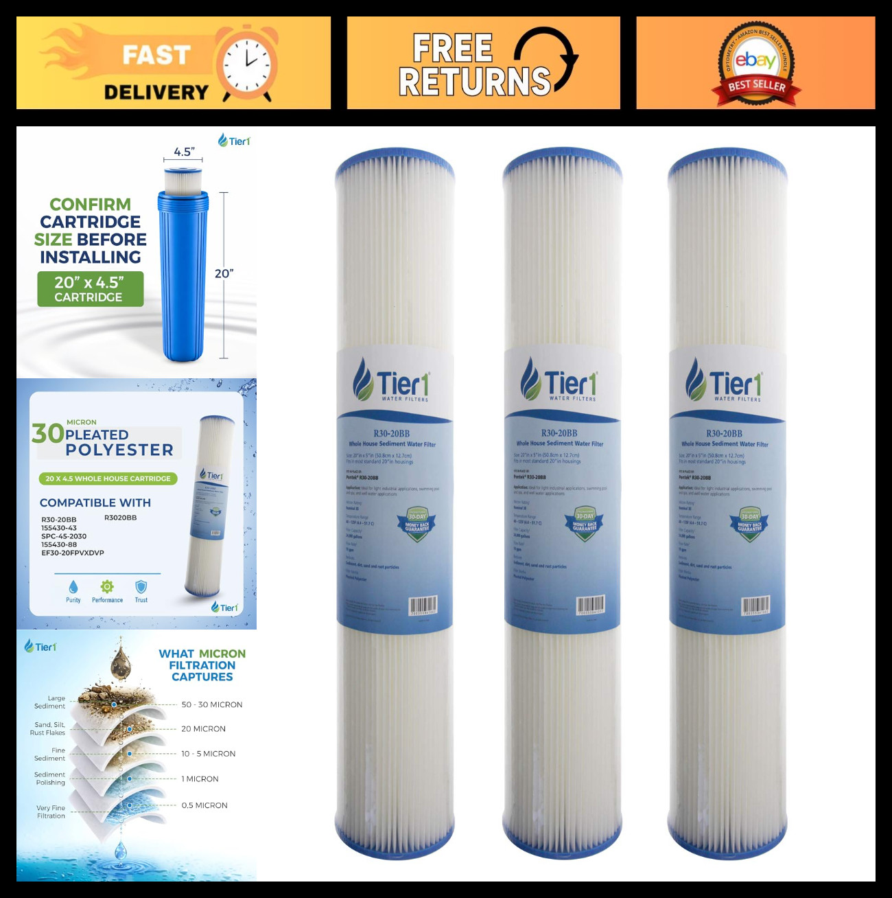 30 Micron Whole House Water Filter | Pleated Polyester Cartridge 3-Pack | High-F