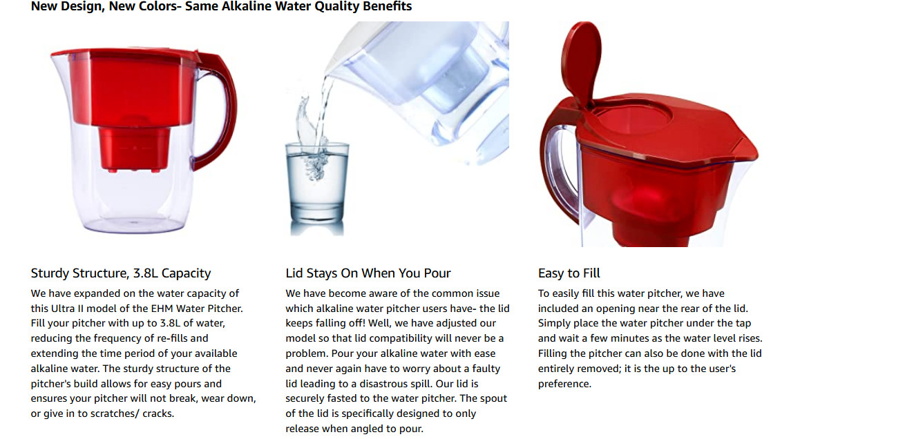 EHM Ultra Premium Alkaline Water Pitcher- 3.8L, Activated Carbon Filter Raise pH