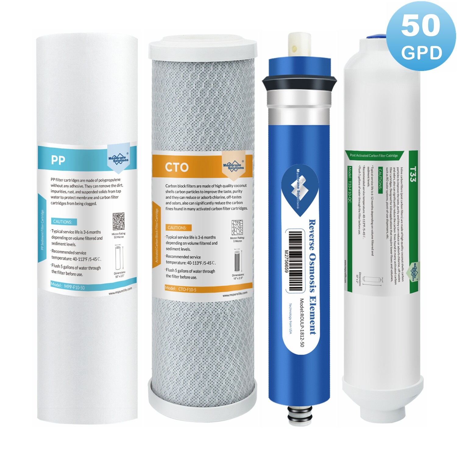4 Stage Reverse Osmosis System Water Filter with 50GPD RO Membrane Cartridge Set