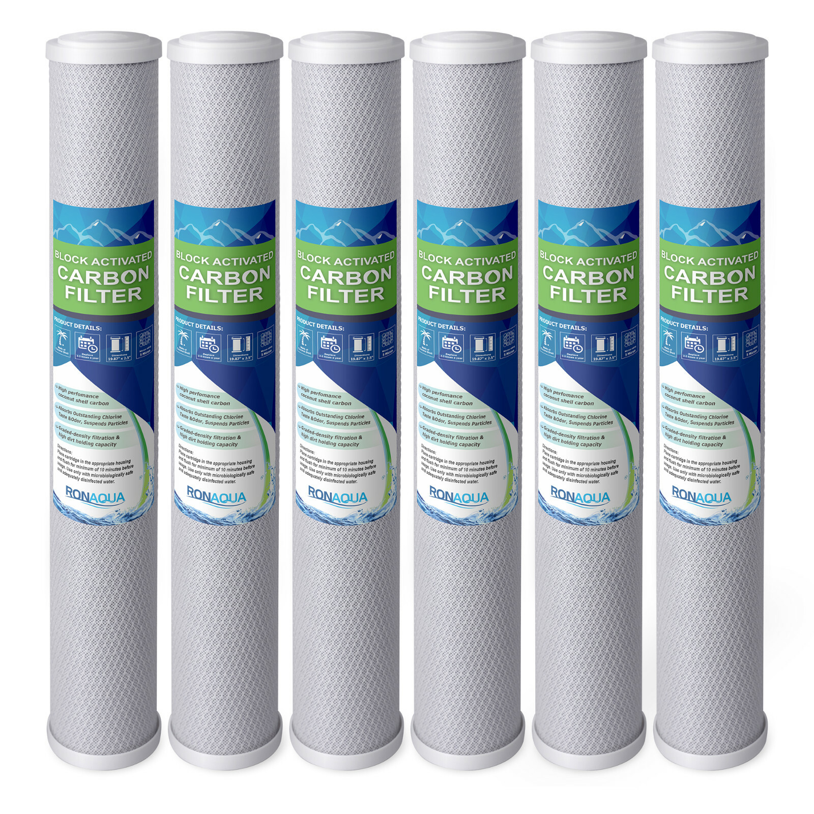 20″ x 2.5″ Block Carbon Water Filter 5 Micron Whole House Cartridges Set of 6
