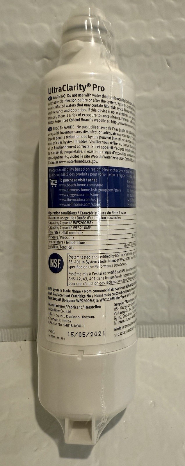 Bosch Ultra Clarity Pro Refrigerator Water Filter – White (BORPLFTR50)💧Sealed