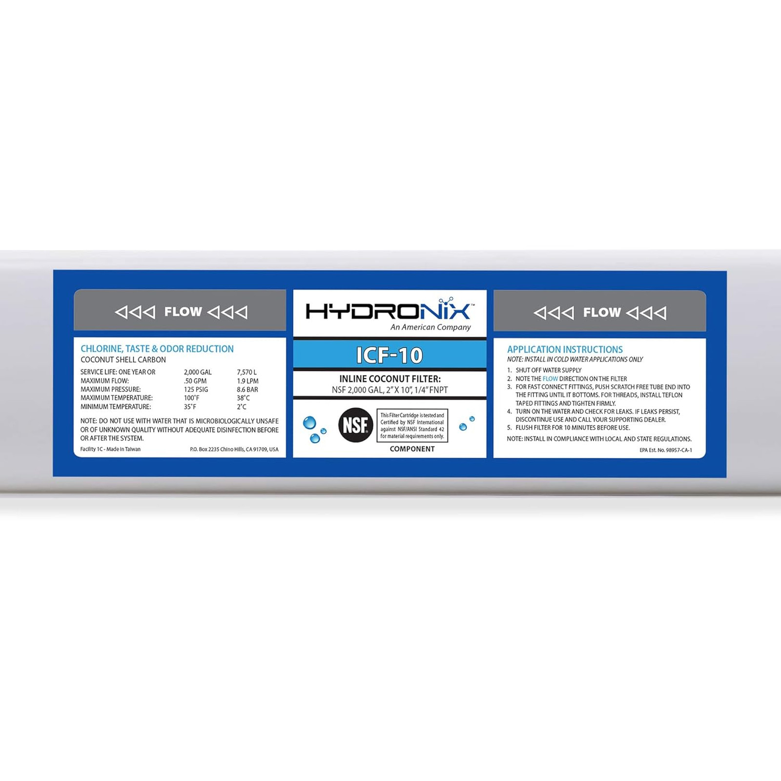 Reverse Osmosis Post Water Filter ICF-10 GAC Coconut Shell Carbon 1/4 Inch NPT