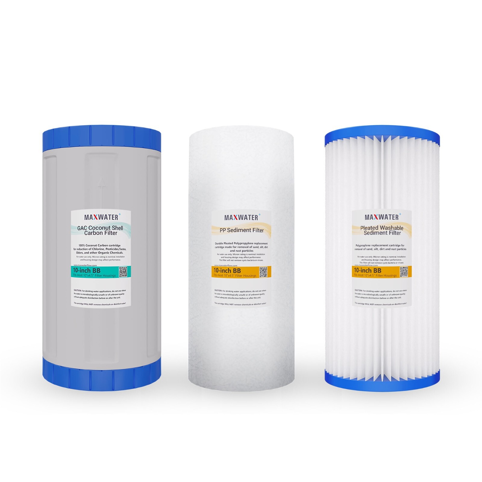 3 Big Blue 10″x4.5″ Whole House Pleated + Sediment + GAC Carbon Water Filter Set