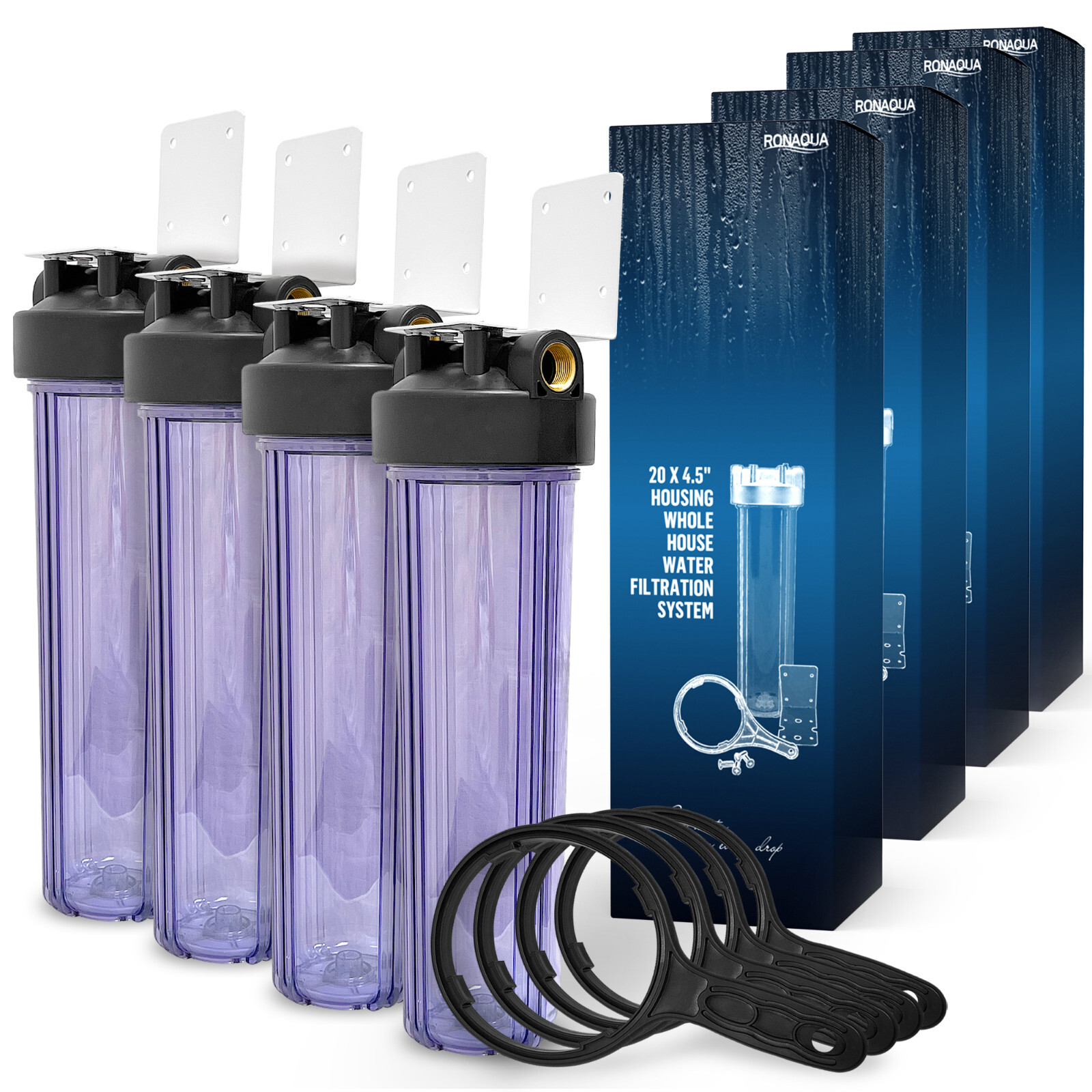 4 Transparent High Capacity 20 x 4.5” Whole House Filter Systems 1” Brass Port