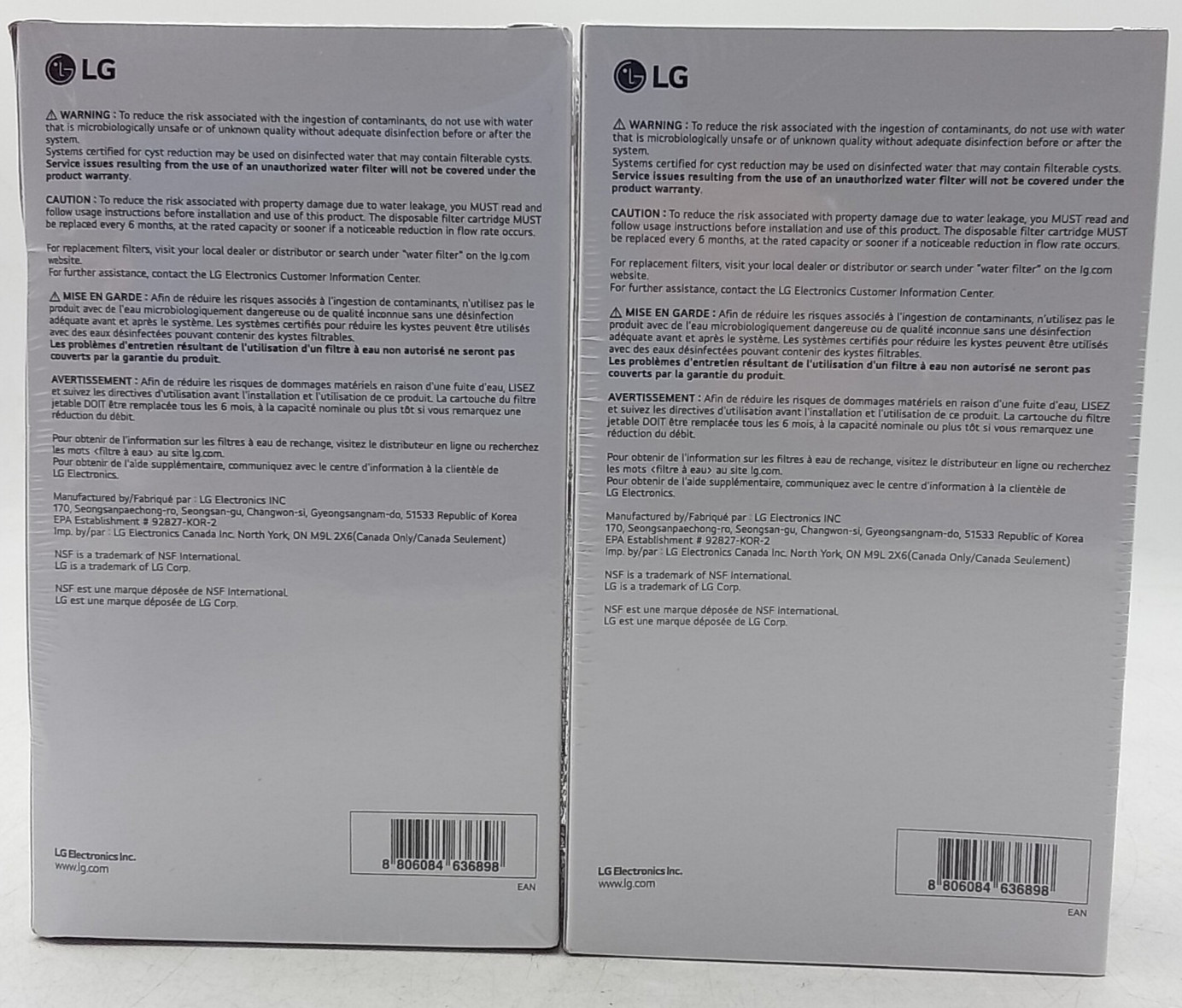 Genuine LG LT1000P2 6-Month / 200 Gal Replacement Water Filters 2Pack Lot of 2