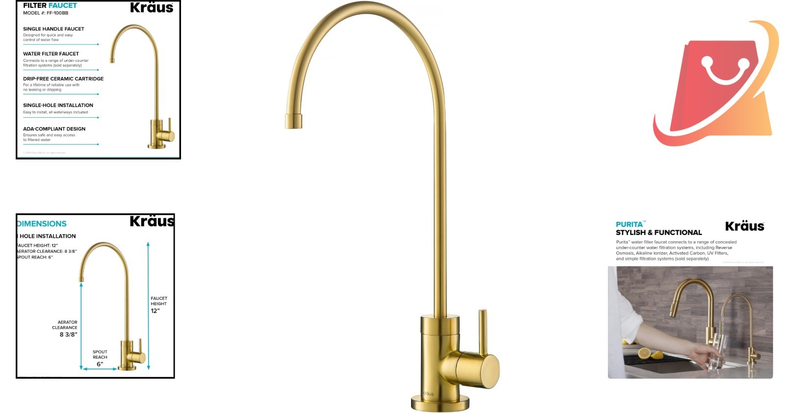 Kitchen Water Filter Faucet Brass 12-in Lead-Free Durable Modern Style
