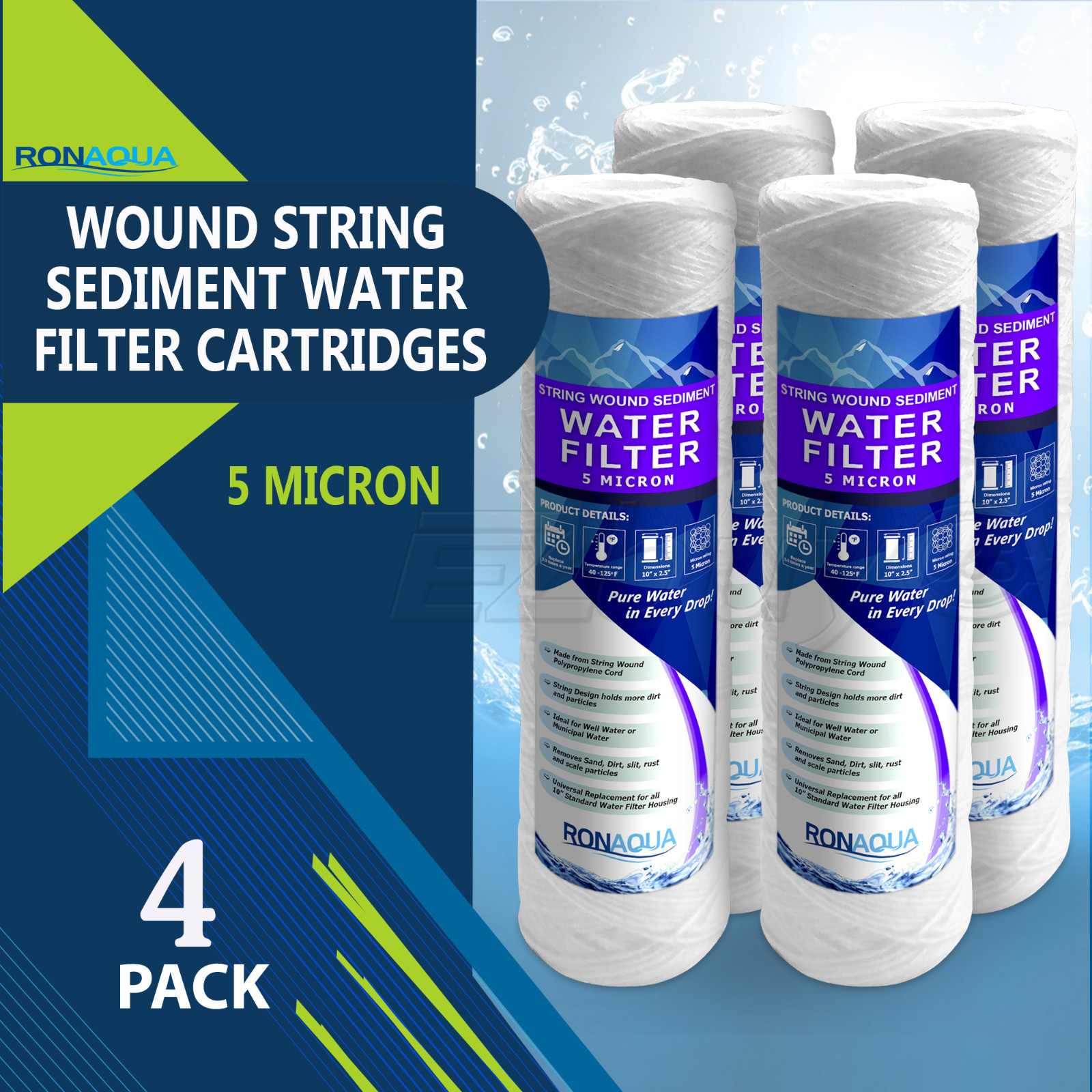 Wound String Sediment 5 Micron Water Filter Cartridge 2.5″ x 10″ 4 Pack