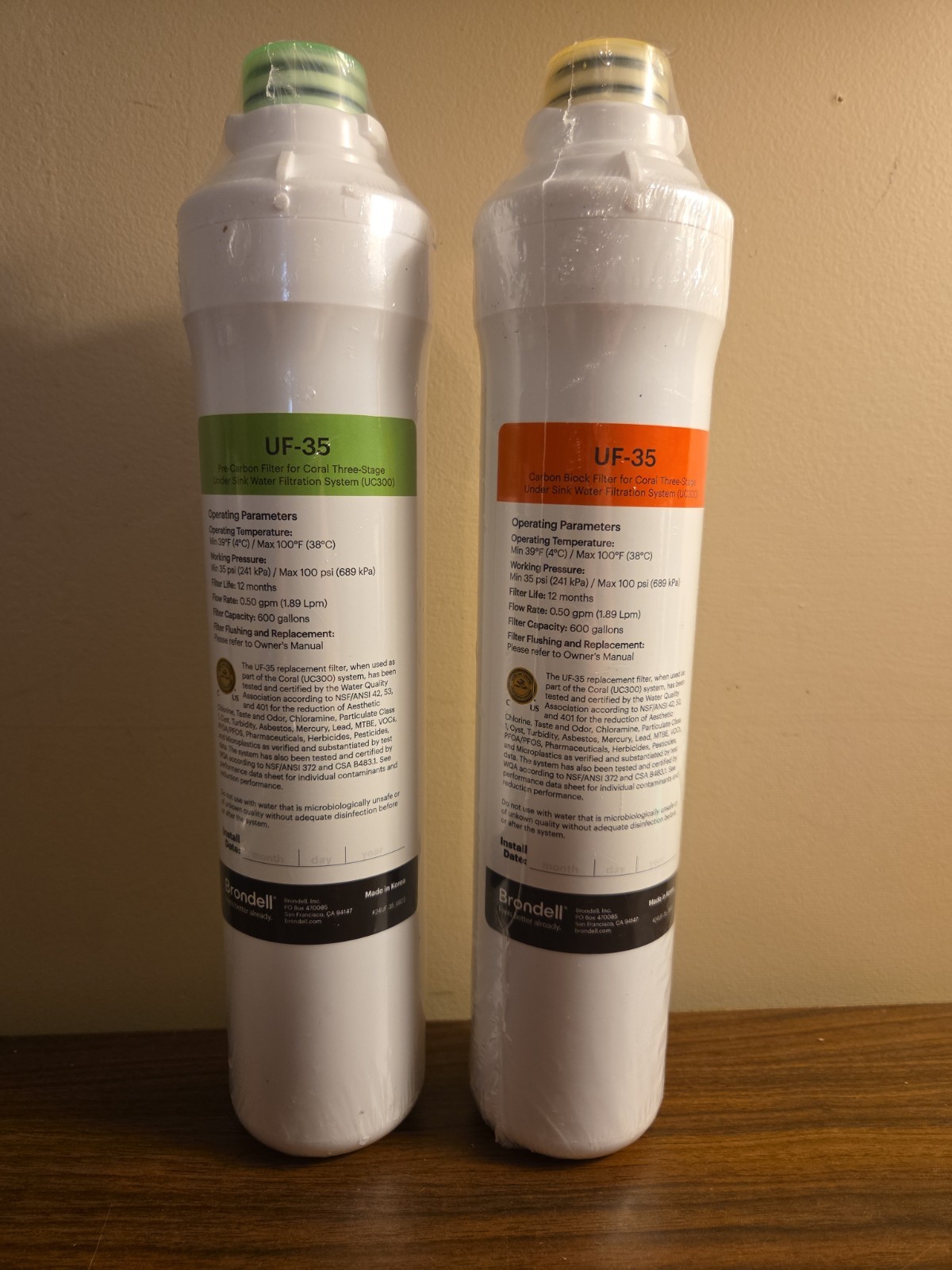 Brondell Coral 3 Stage Pre CARBON & BLOCK Water Filters Orange And Green NEW