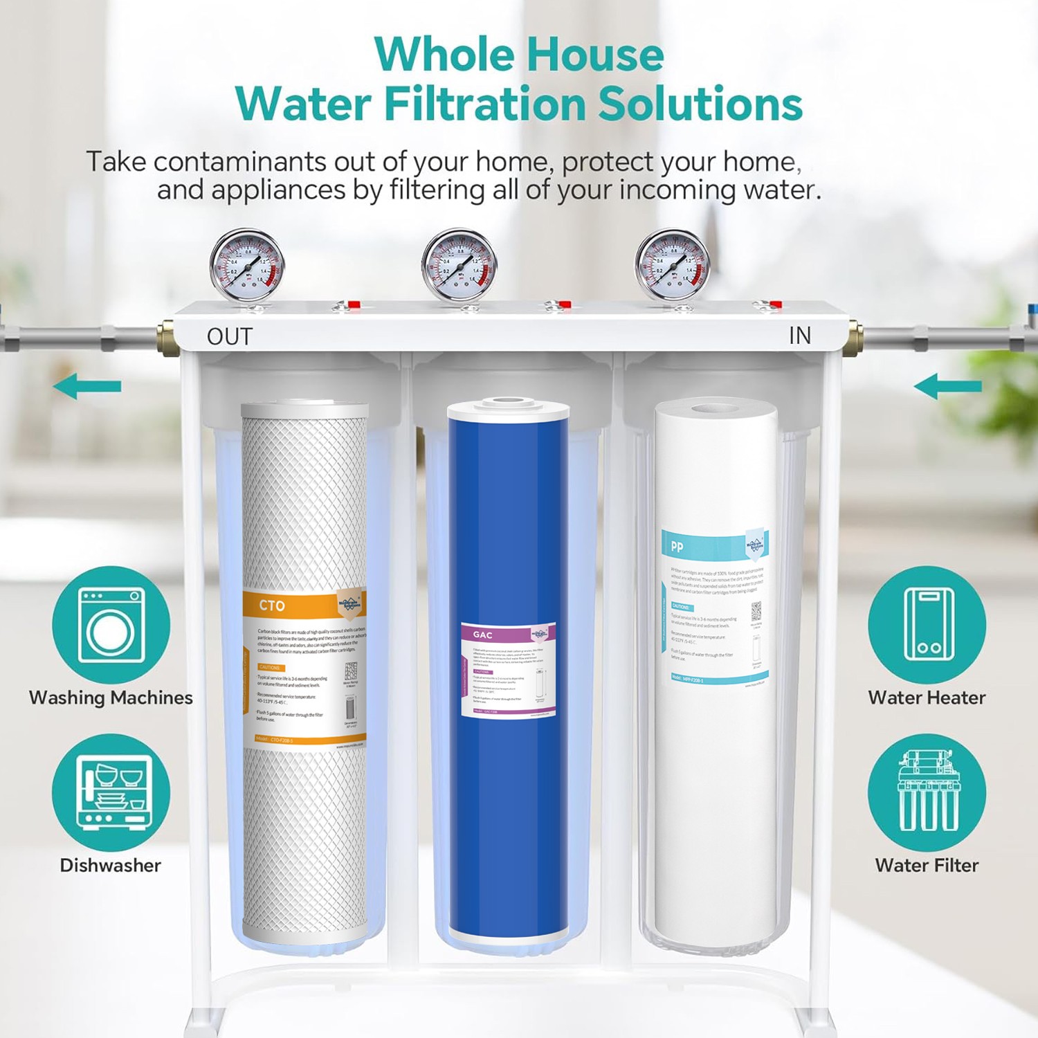 3-Stage 20″x4.5″ PP GAC CTO Carbon Block Water Filter Whole House Cartridges Set