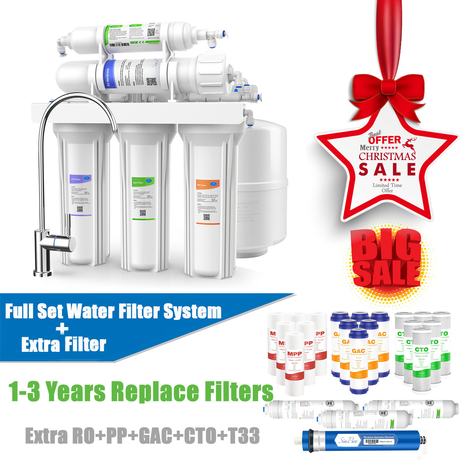 5 Stage Under Sink Reverse Osmosis Drinking Water Filter System Faucet Purifier