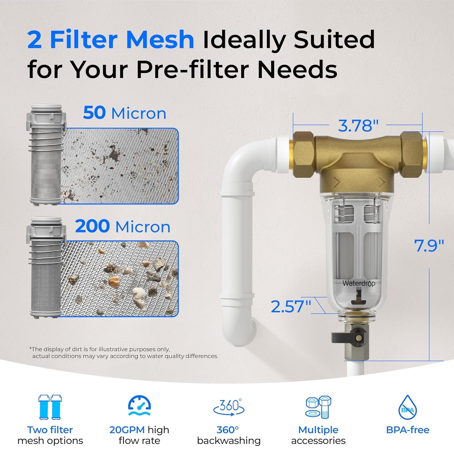 Waterdrop Spin Down Sediment Filter, 50 Micron+200 Micron, Traps Sand, BPA Free