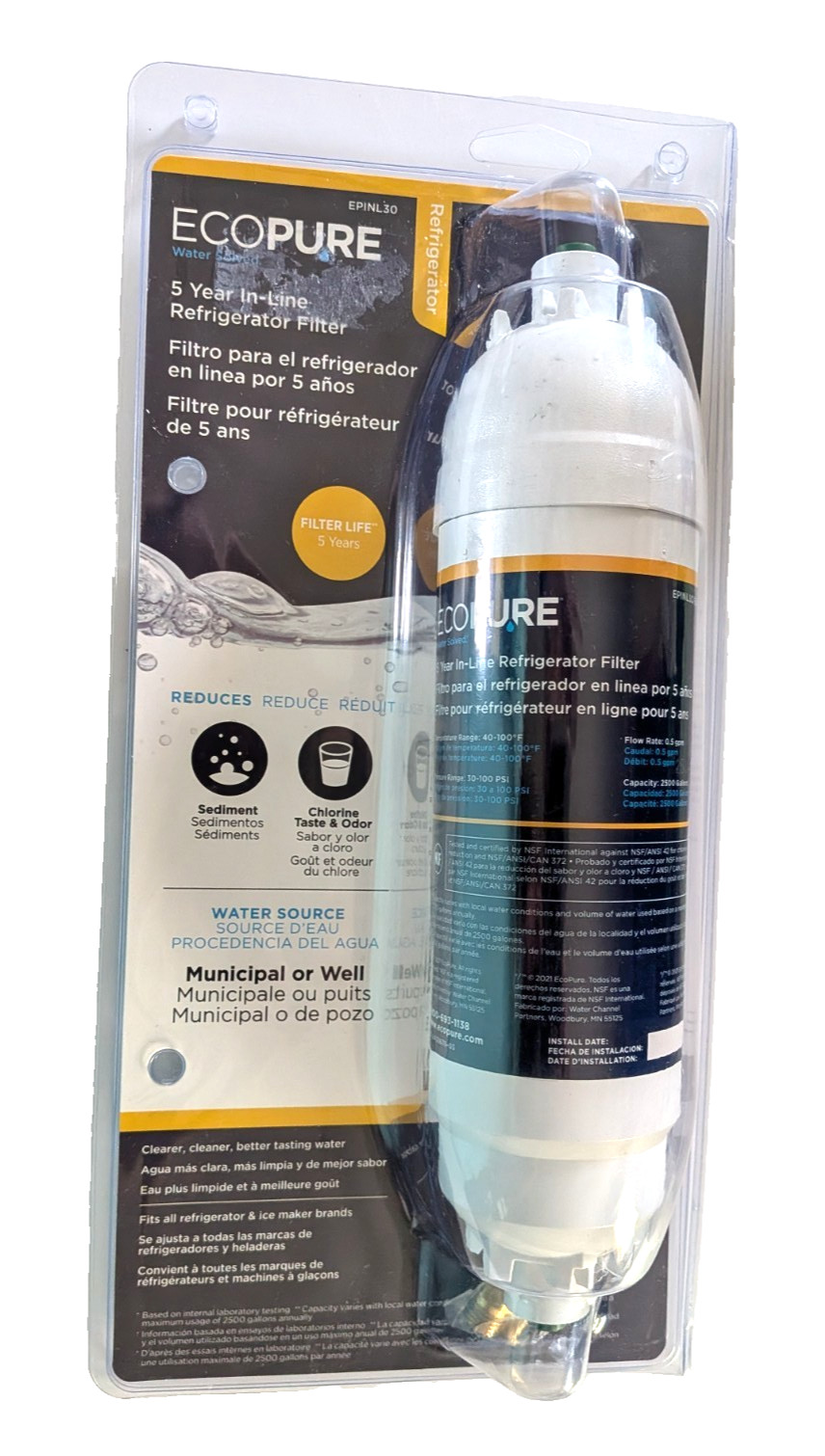 NEW EcoPure EPINL30 Water Filter 5 Year In-line Refrigerator Filter