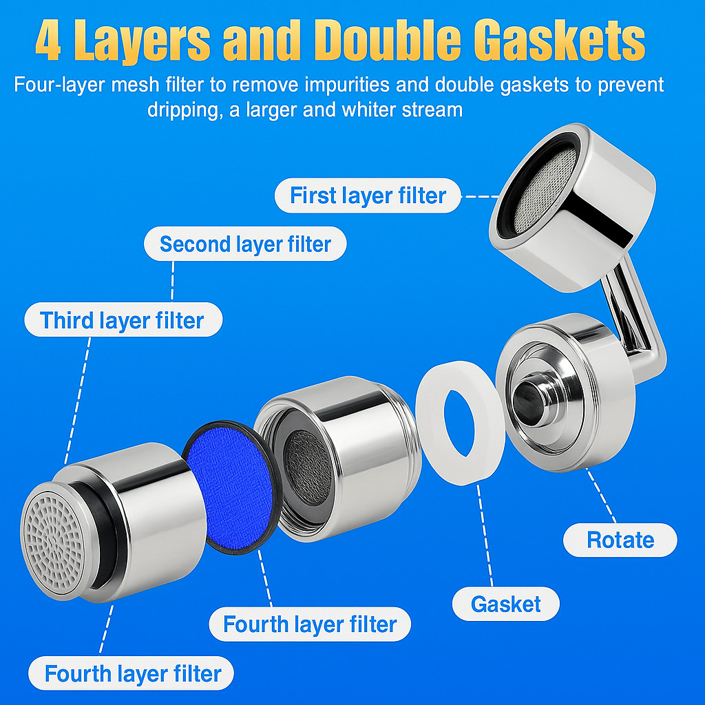 2 X 720º Splash Proof Shower Faucet Flexible Kitchen and Bathroom Nozzle Filter